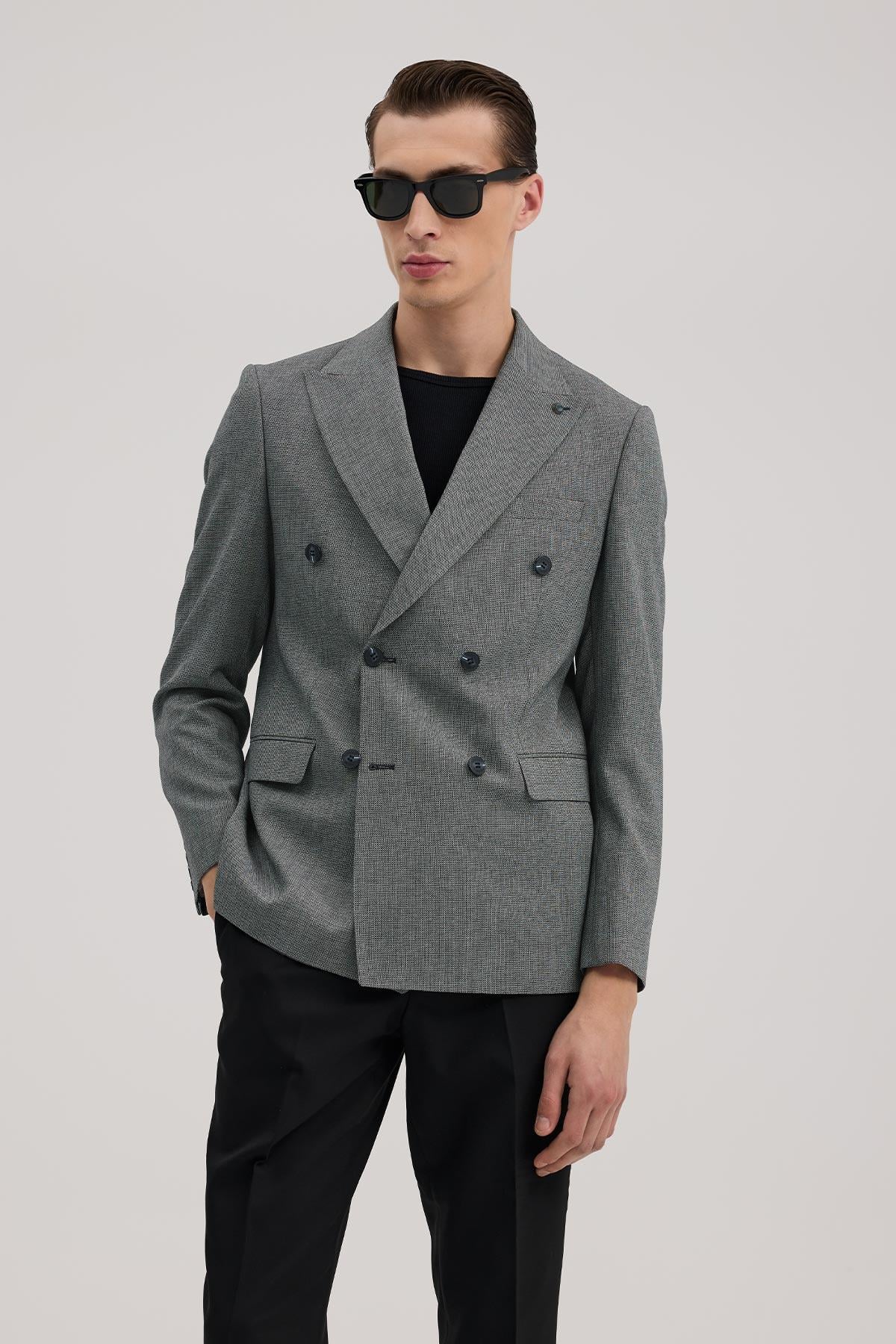 Lacivert Slim Fit Kruvaze Takım Elbise