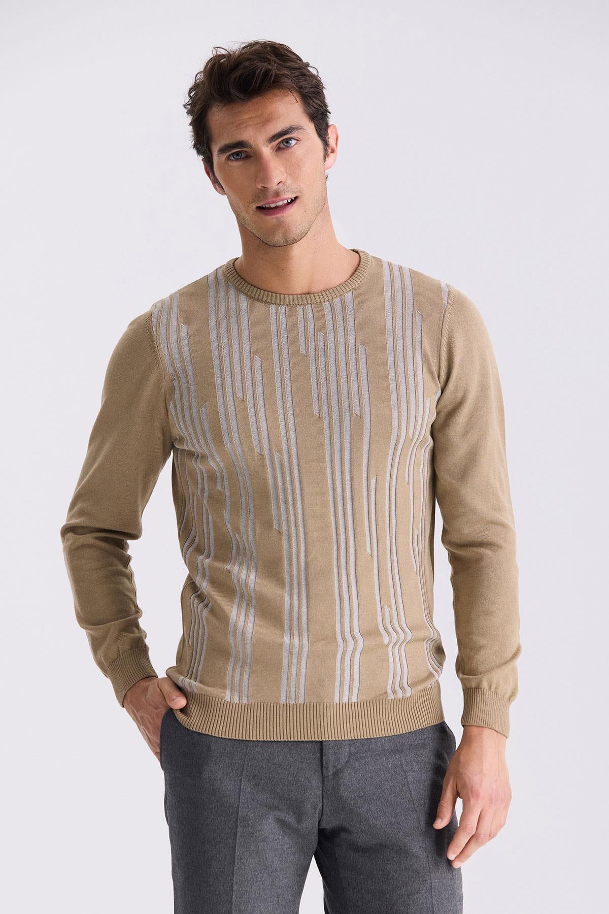 Bej Slim Fit Bisiklet Yaka Desenli Triko Kazak