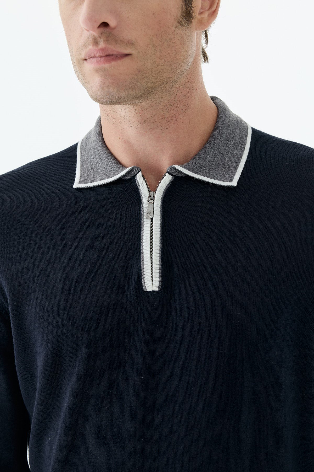 Lacivert Slim Fit Polo Yaka Fermuarlı Triko Kazak