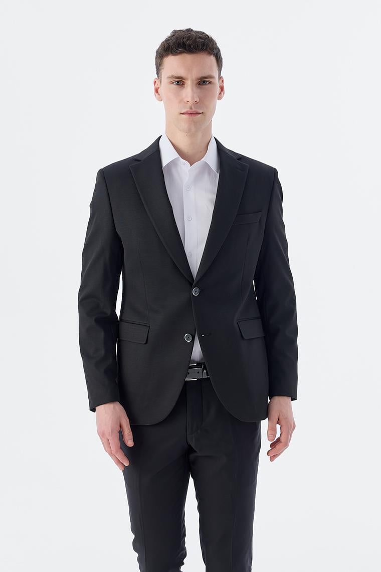 Siyah Slim Fit Mono Yaka Çift Yırtmaç Ceket