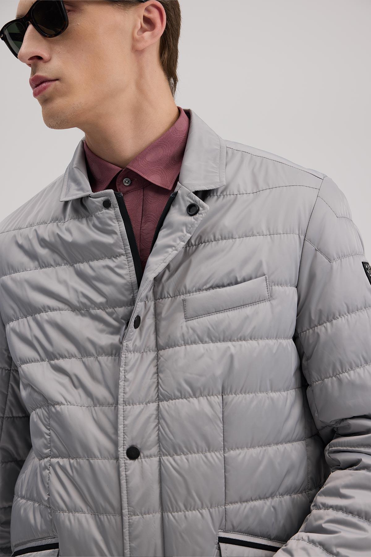 Gri Comfort Fit Dik Yaka Fermuarlı Şişme Mont