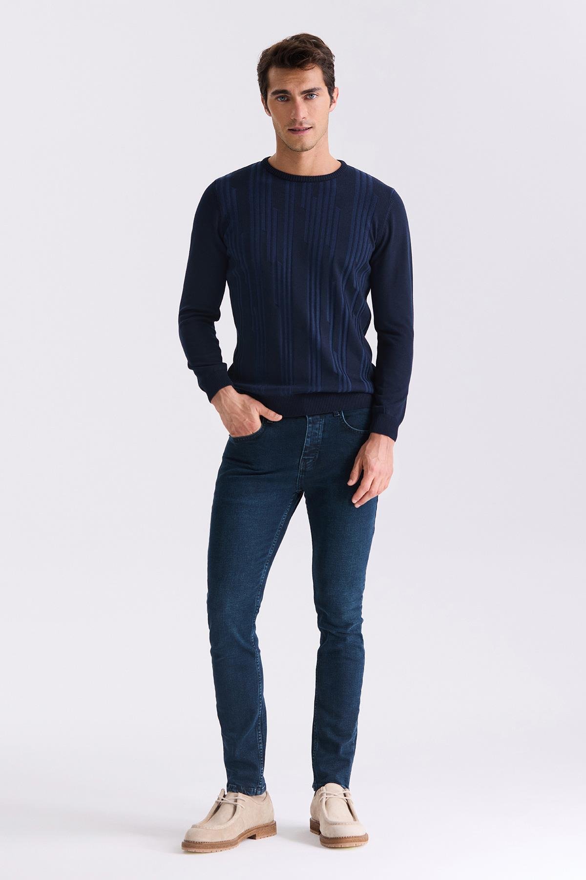 İndigo Slim Fit Bisiklet Yaka Desenli Triko Kazak