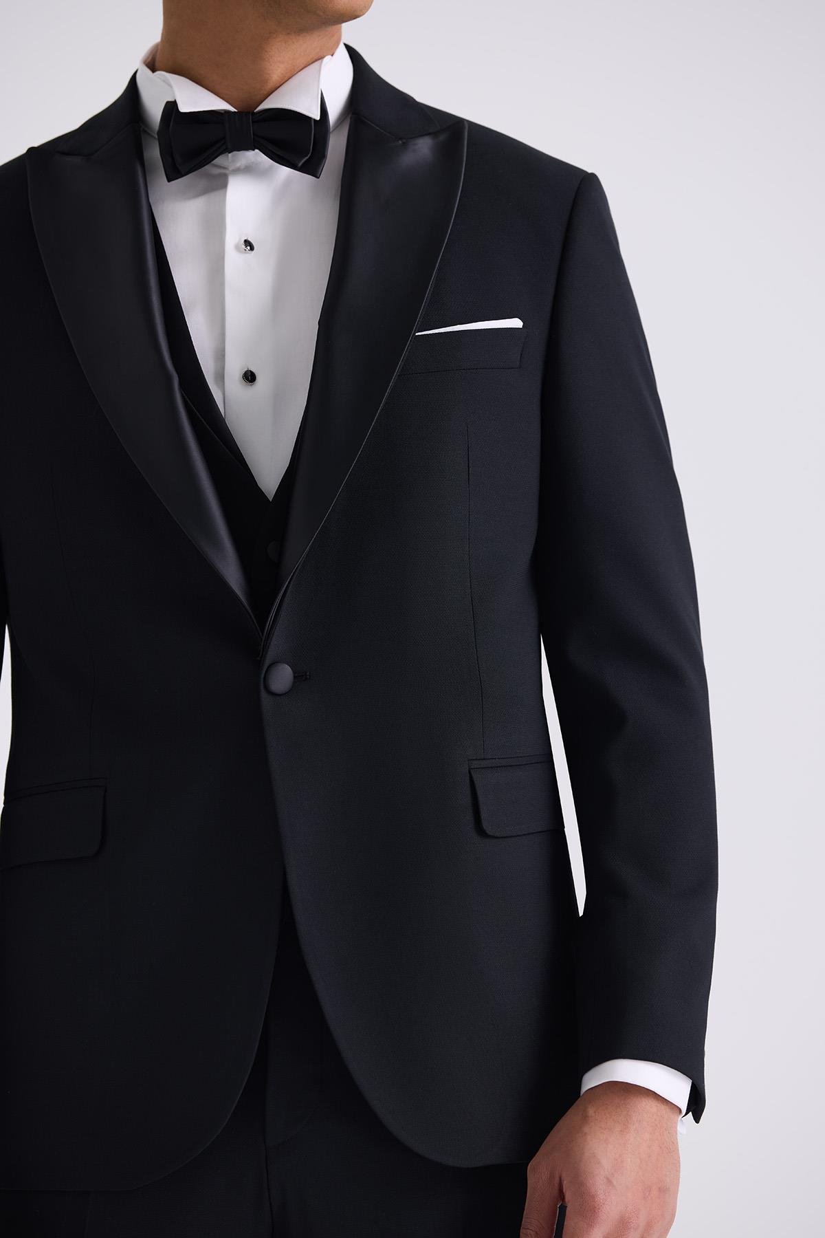 Siyah Slim Fit Sivri Yaka Smokin Takım Elbise