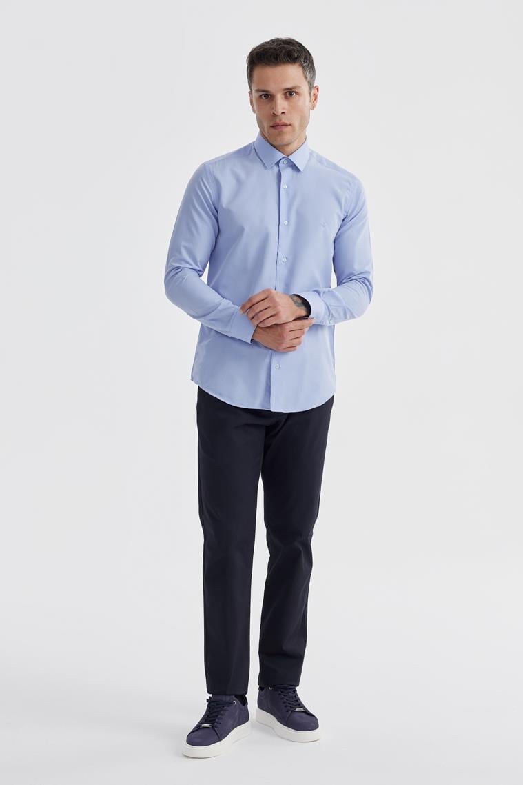 Mavi Slim Fit Pamuklu Klasik Kravatlık Gömlek