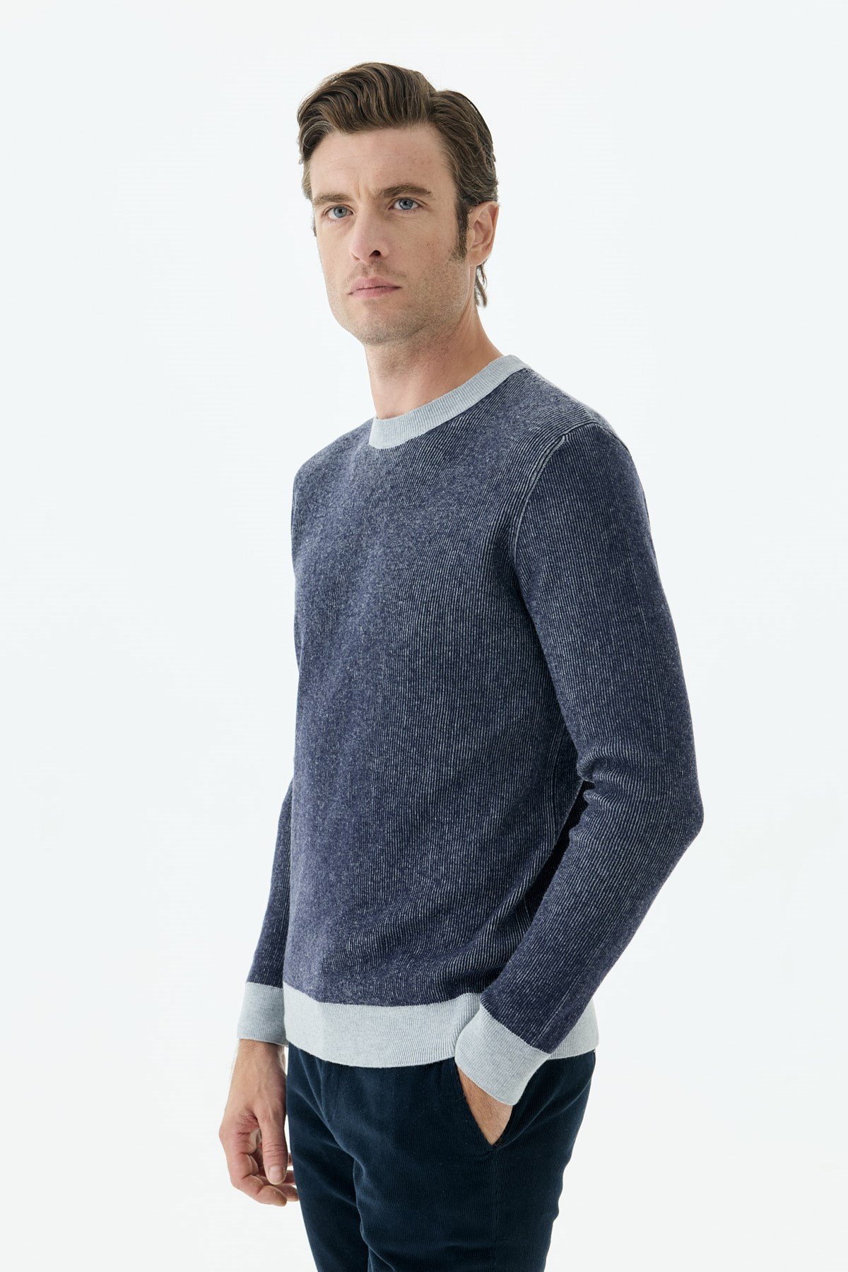 Lacivert Comfort Fit Desenli Bisiklet Yaka Triko