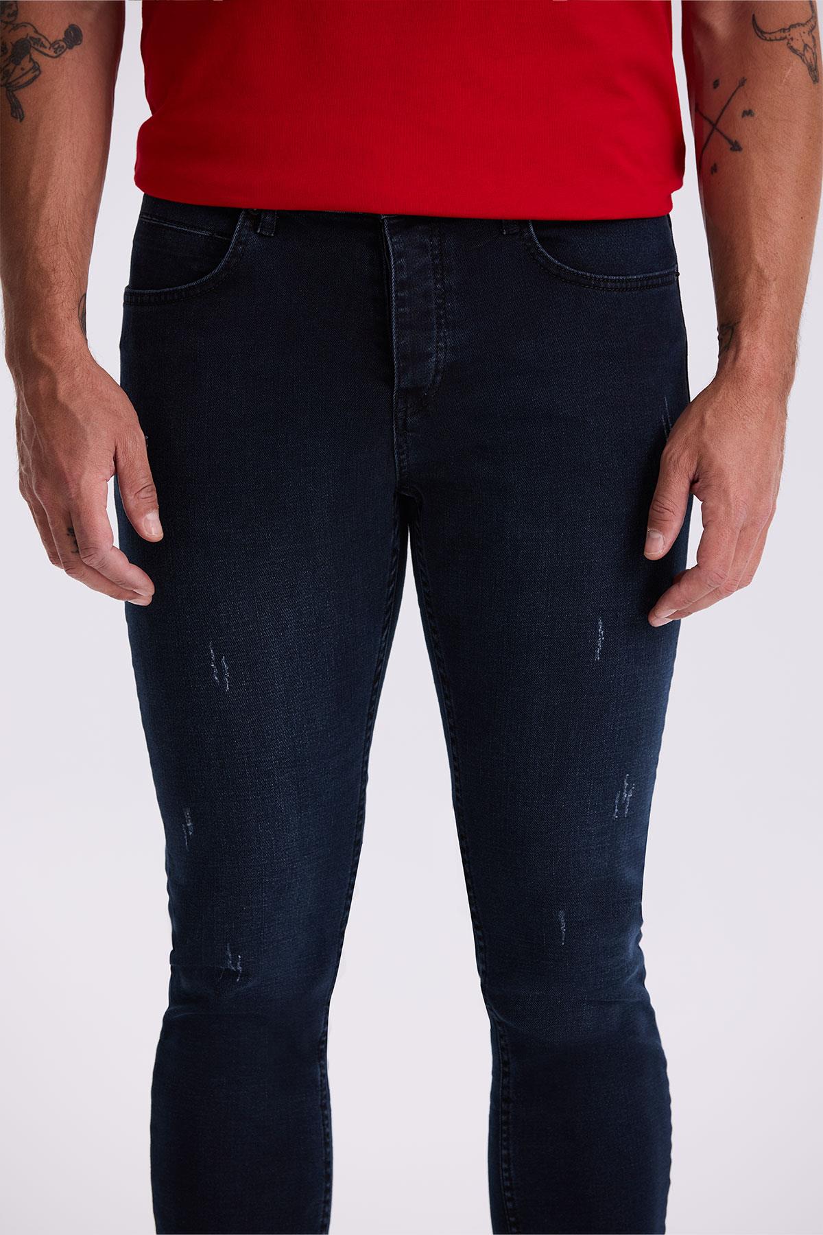 Lacivert Slim Fit Yıkamalı Pamuklu Dar Kalıp Jean Kot Pantolon