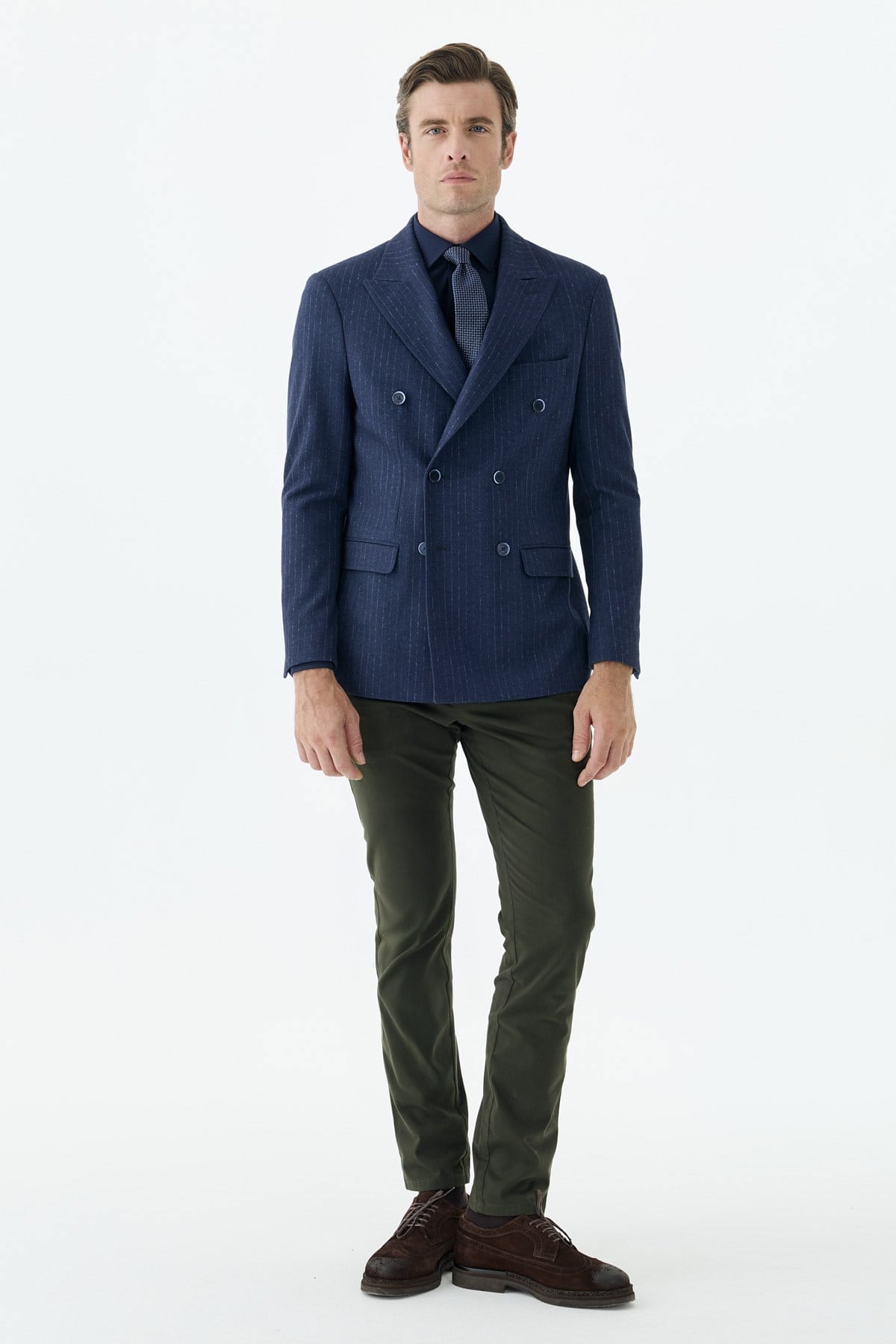 Lacivert Slim Fit Dik Yaka Çizgili Kruvaze Ceket