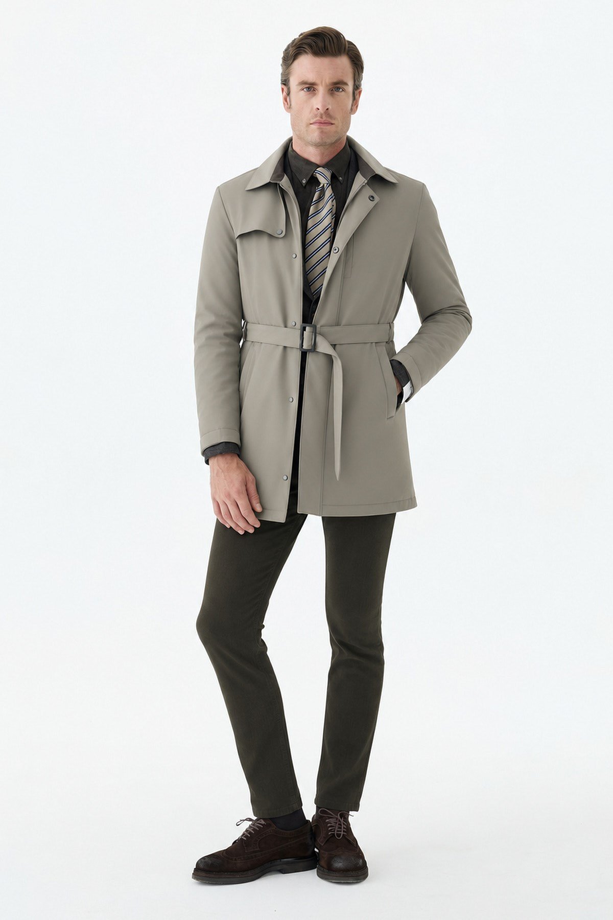 Bej Comfort Fit Mont Bebe Yaka Kemerli Trençkot