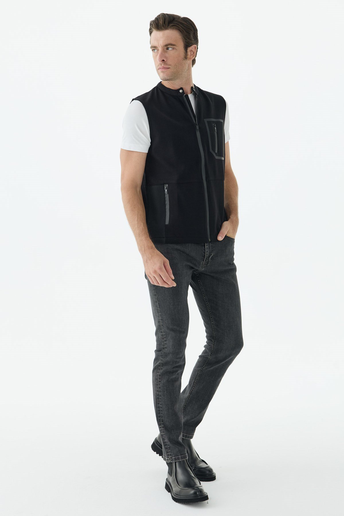 Siyah Slim Fit Cepli Pamuklu Yelek