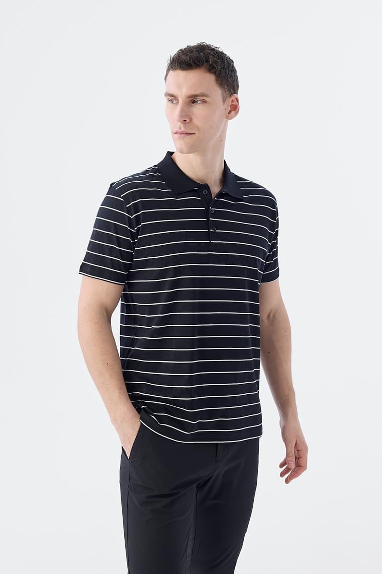 Siyah Slim Fit Çizgili %100 Pamuk Polo Yaka T-Shirt