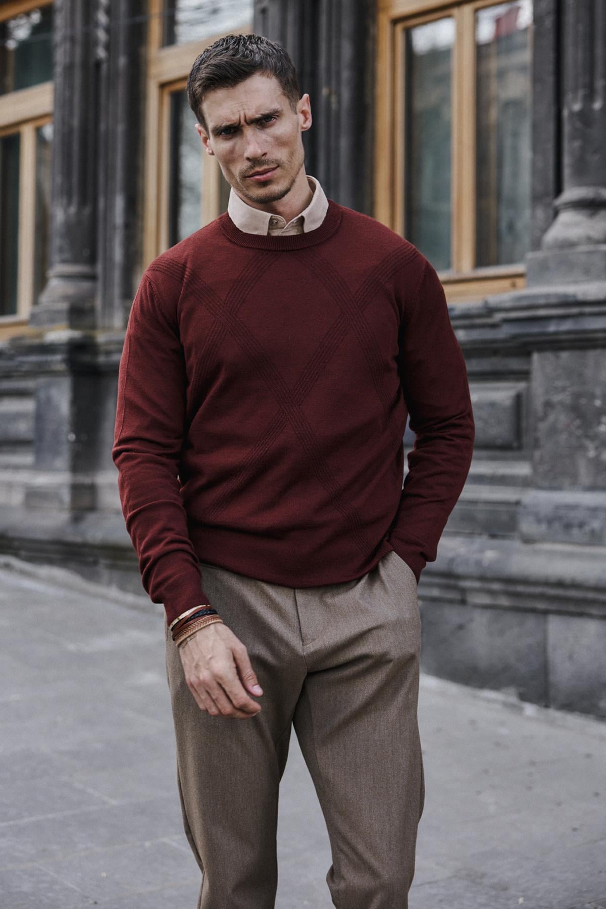 Kiremit Slim Fit Desenli Bisiklet Yaka Triko