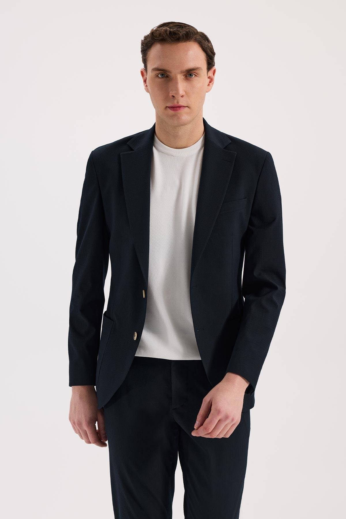 Lacivert Slim Fit Mono Yaka Esnek Spor Ceket