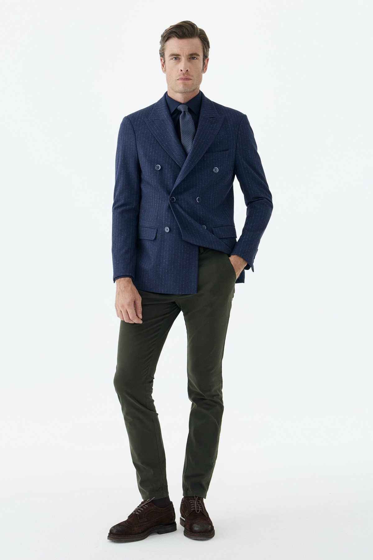 Lacivert Slim Fit Dik Yaka Çizgili Kruvaze Ceket