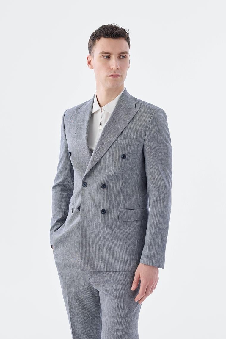 Lacivert Slim Fit Keten Karışımlı Kruvaze Takım Elbise
