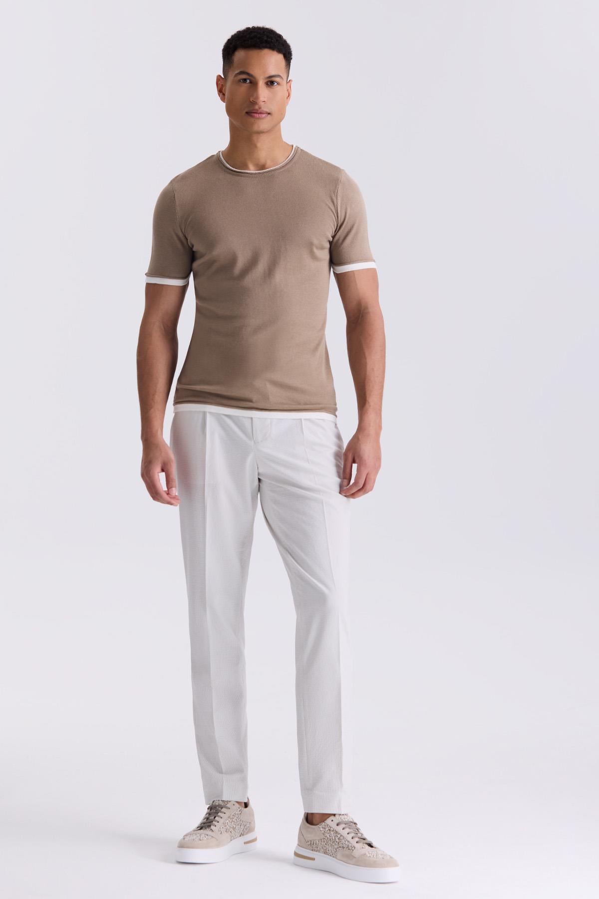 Bej Slim Fit Triko Bisiklet Yaka T-Shirt