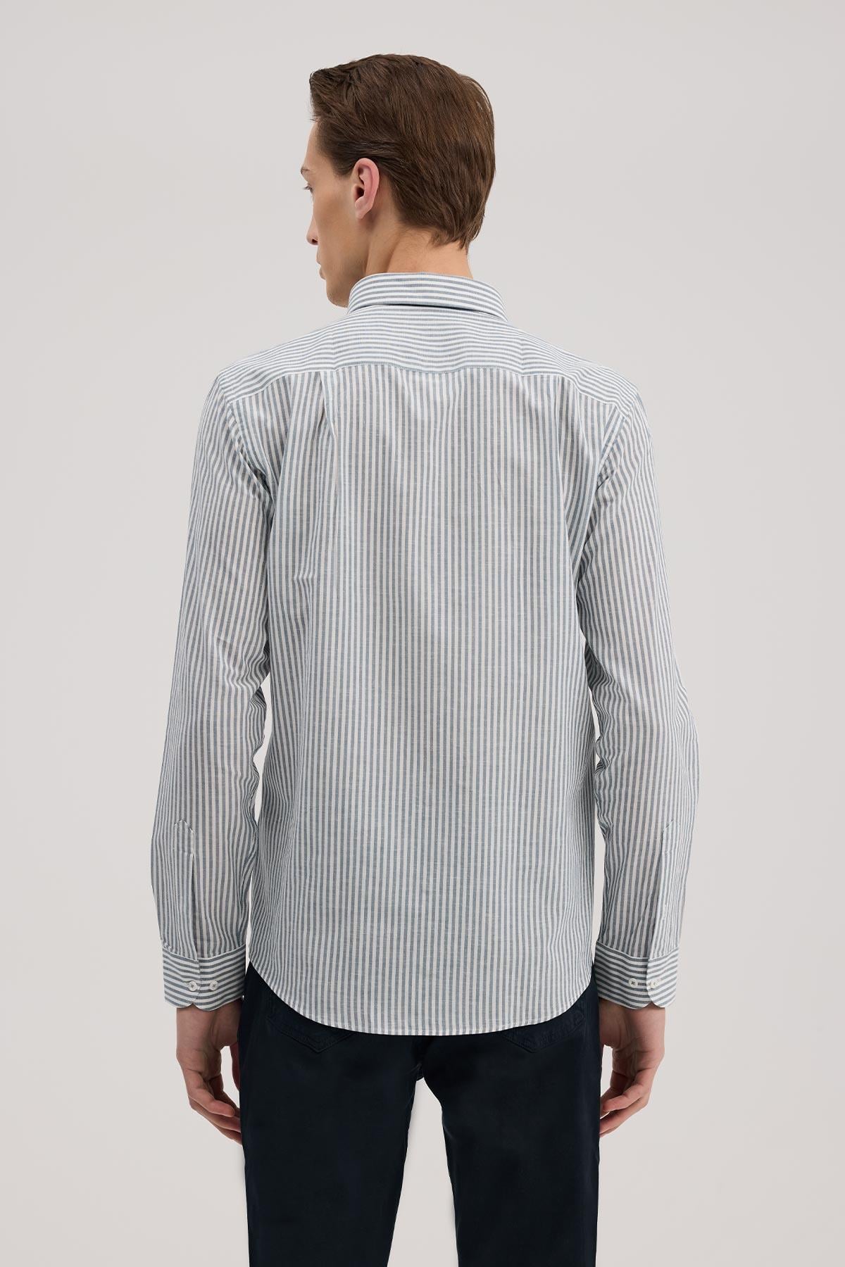 Lacivert Comfort Fit Keten Karışımlı Çizgili Gömlek