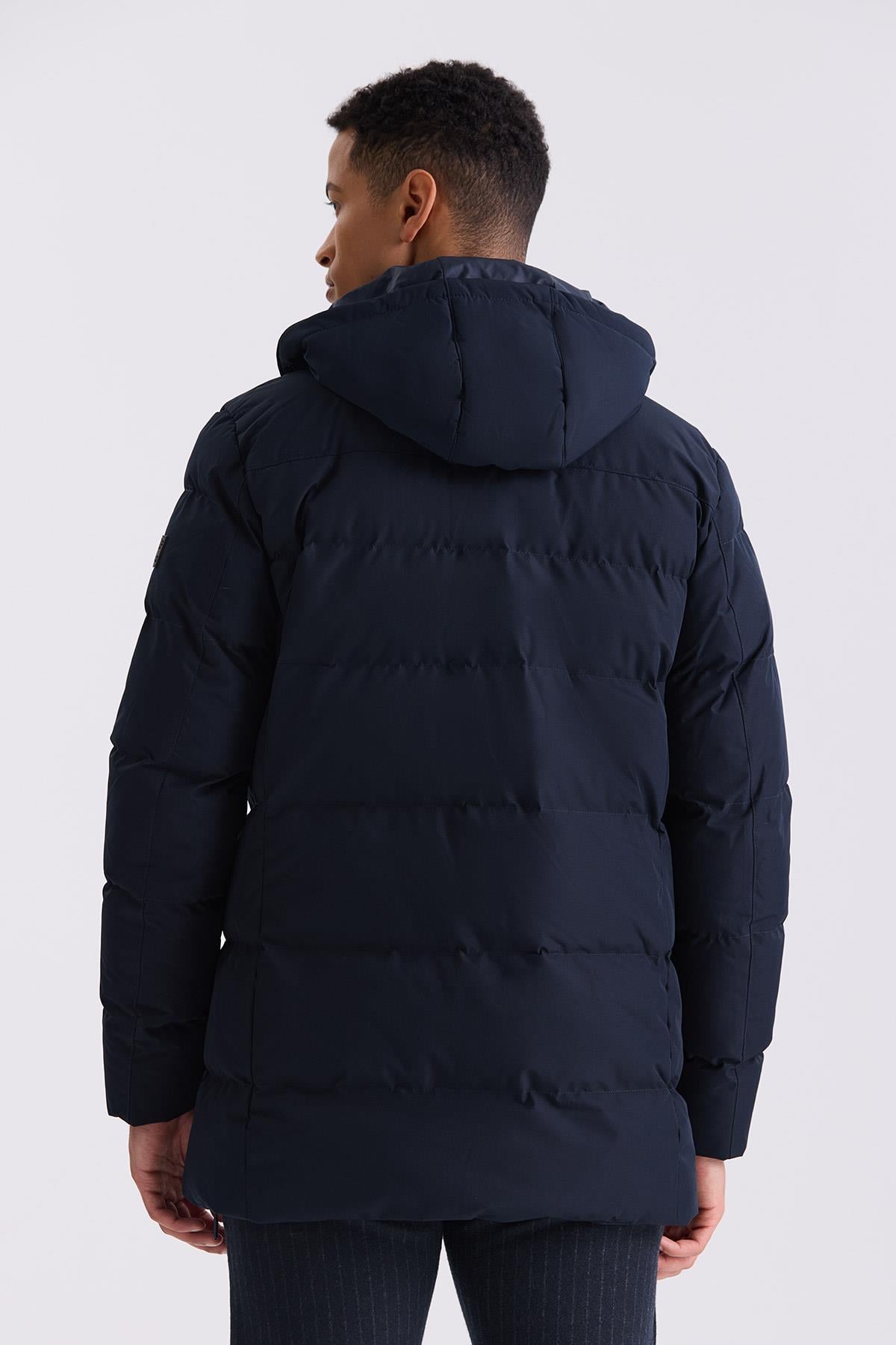 Lacivert Regular Fit Hakim Yaka Gizli Fermuarlı Şişme Mont