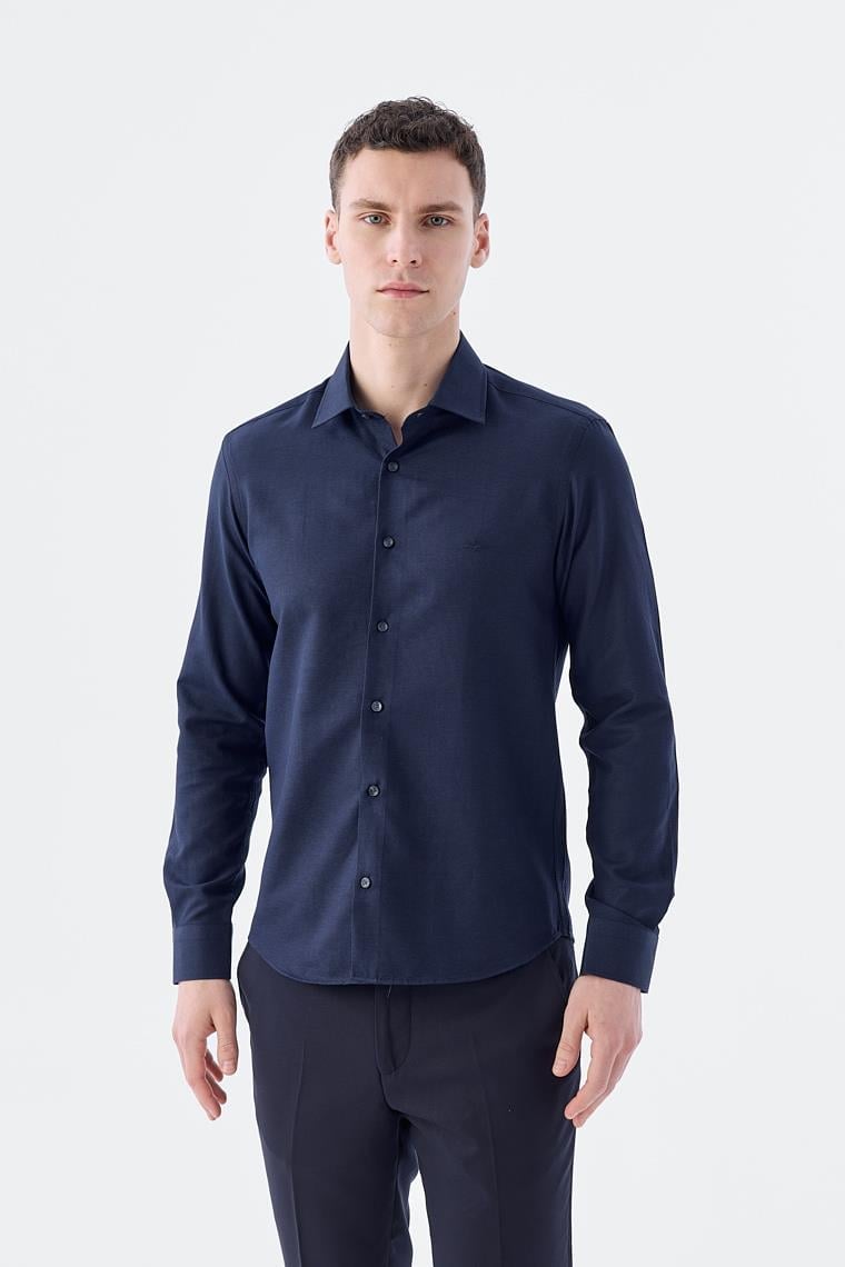Koyu Lacivert-2 Comfort Fit Pamuklu Kolay Ütülenebilir Gömlek