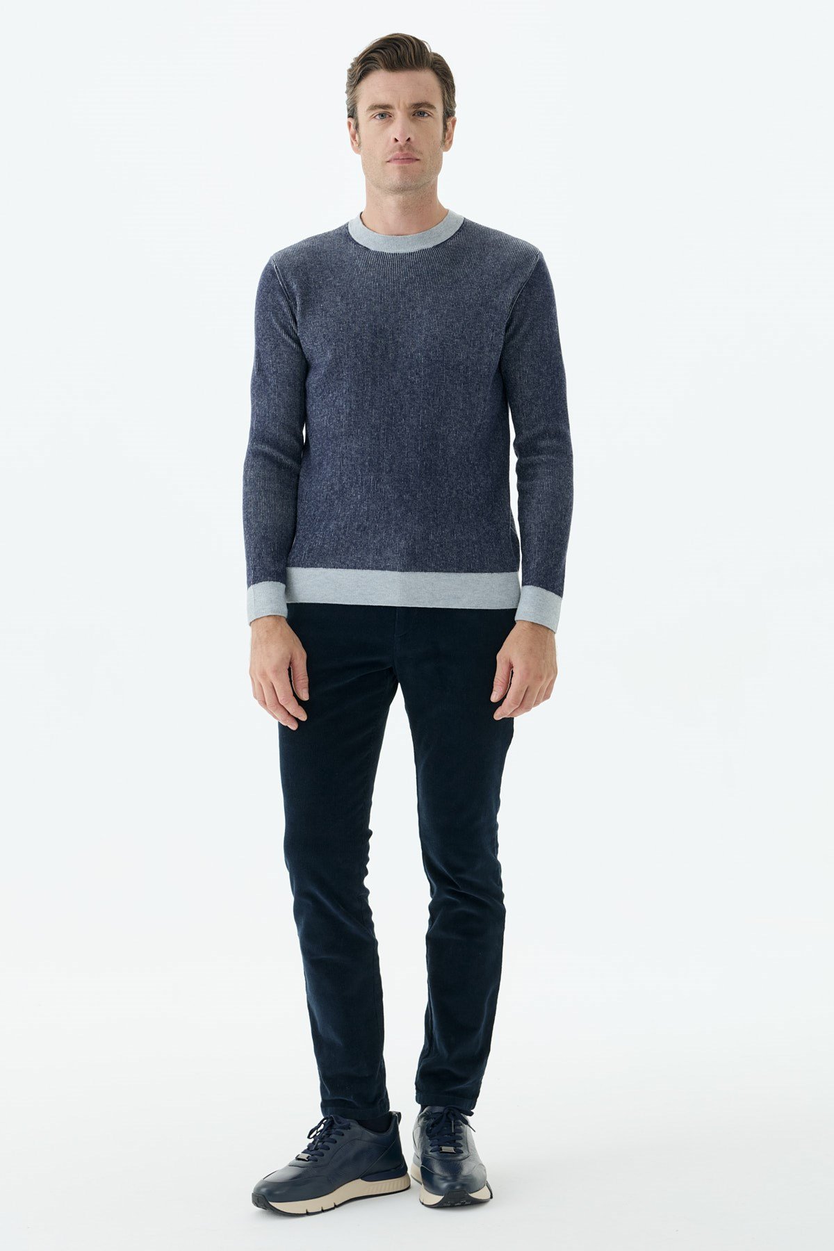 Lacivert Comfort Fit Desenli Bisiklet Yaka Triko