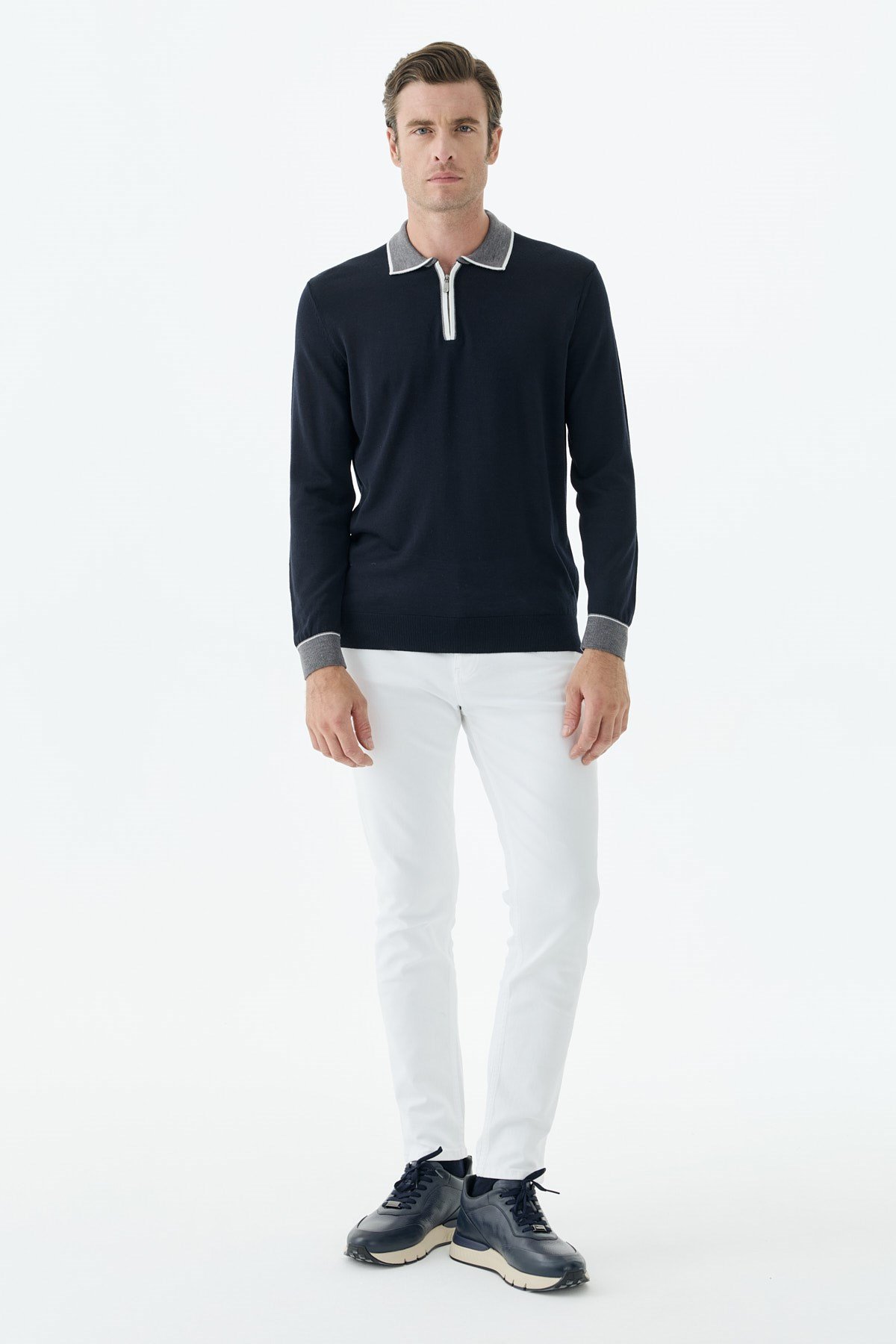 Lacivert Slim Fit Polo Yaka Fermuarlı Triko Kazak