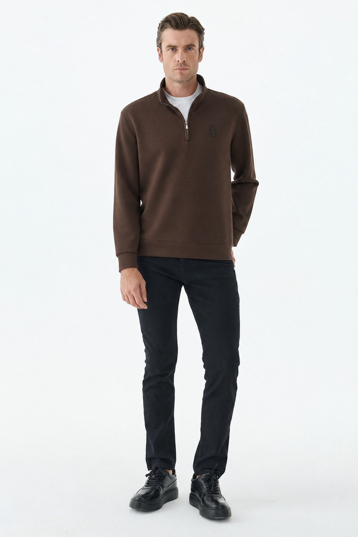 Kahve Comfort Fit Fermuarlı Dik Yaka Rayon Sweatshirt
