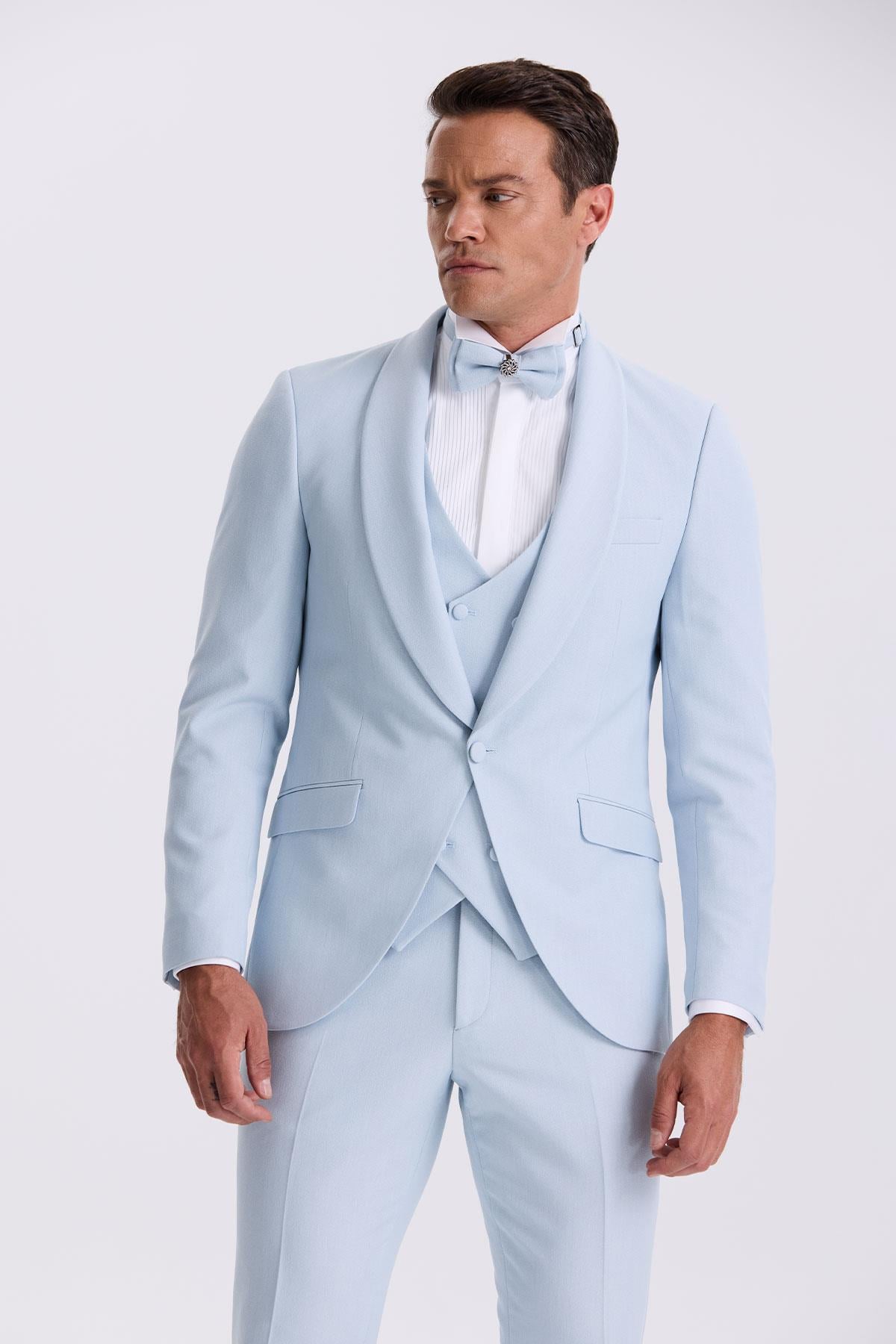 Mavi Slim Fit Şal Yaka Yelekli Smokin Damatlık Takım Elbise