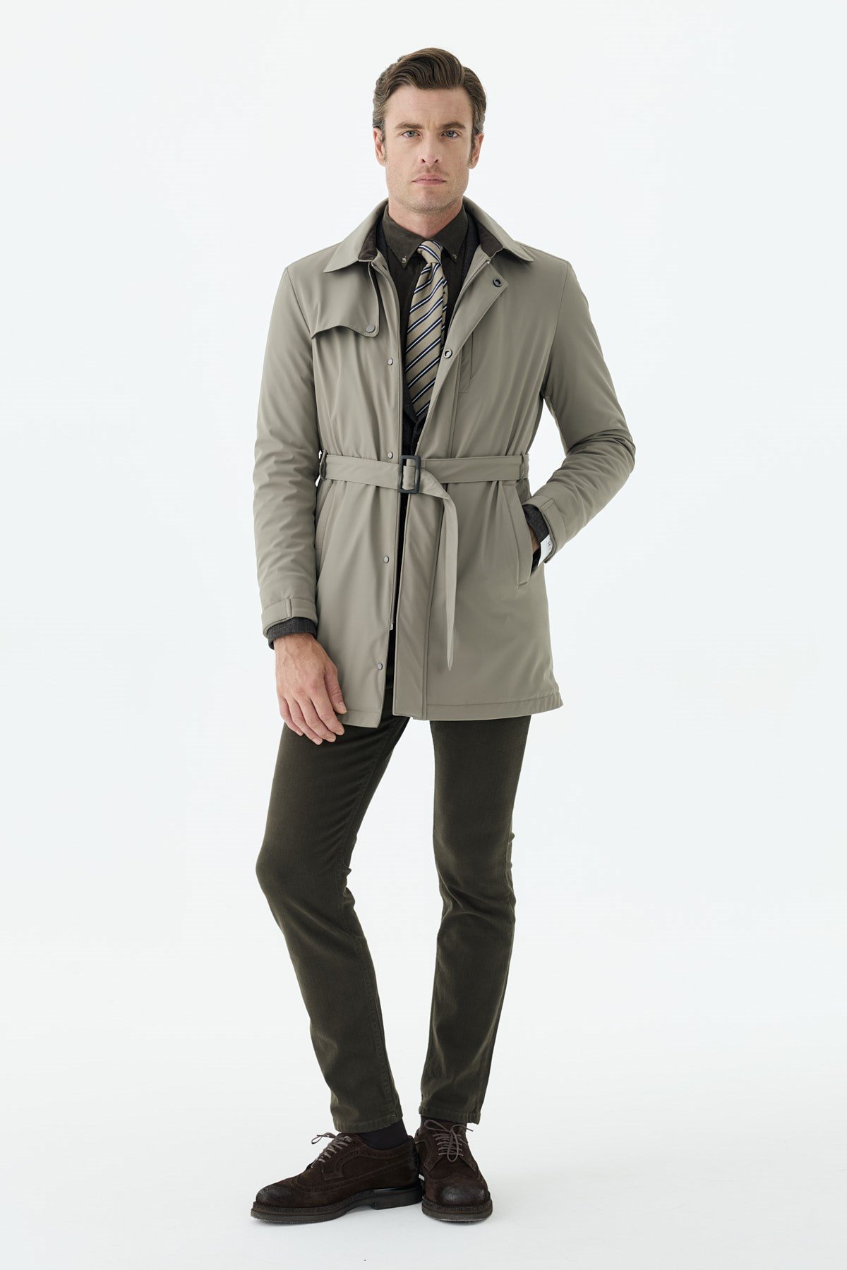 Bej Comfort Fit Mont Bebe Yaka Kemerli Trençkot