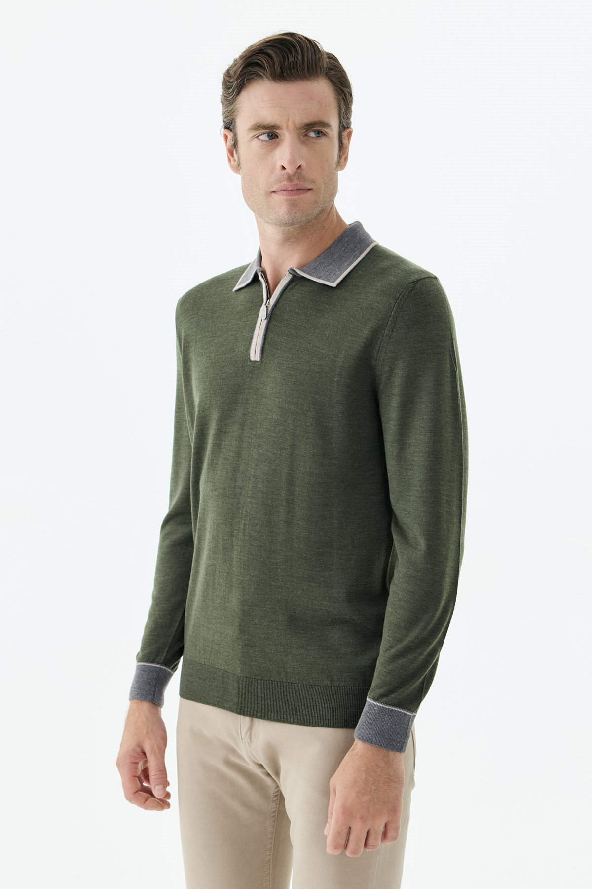 Yeşil Slim Fit Polo Yaka Fermuarlı Triko Kazak