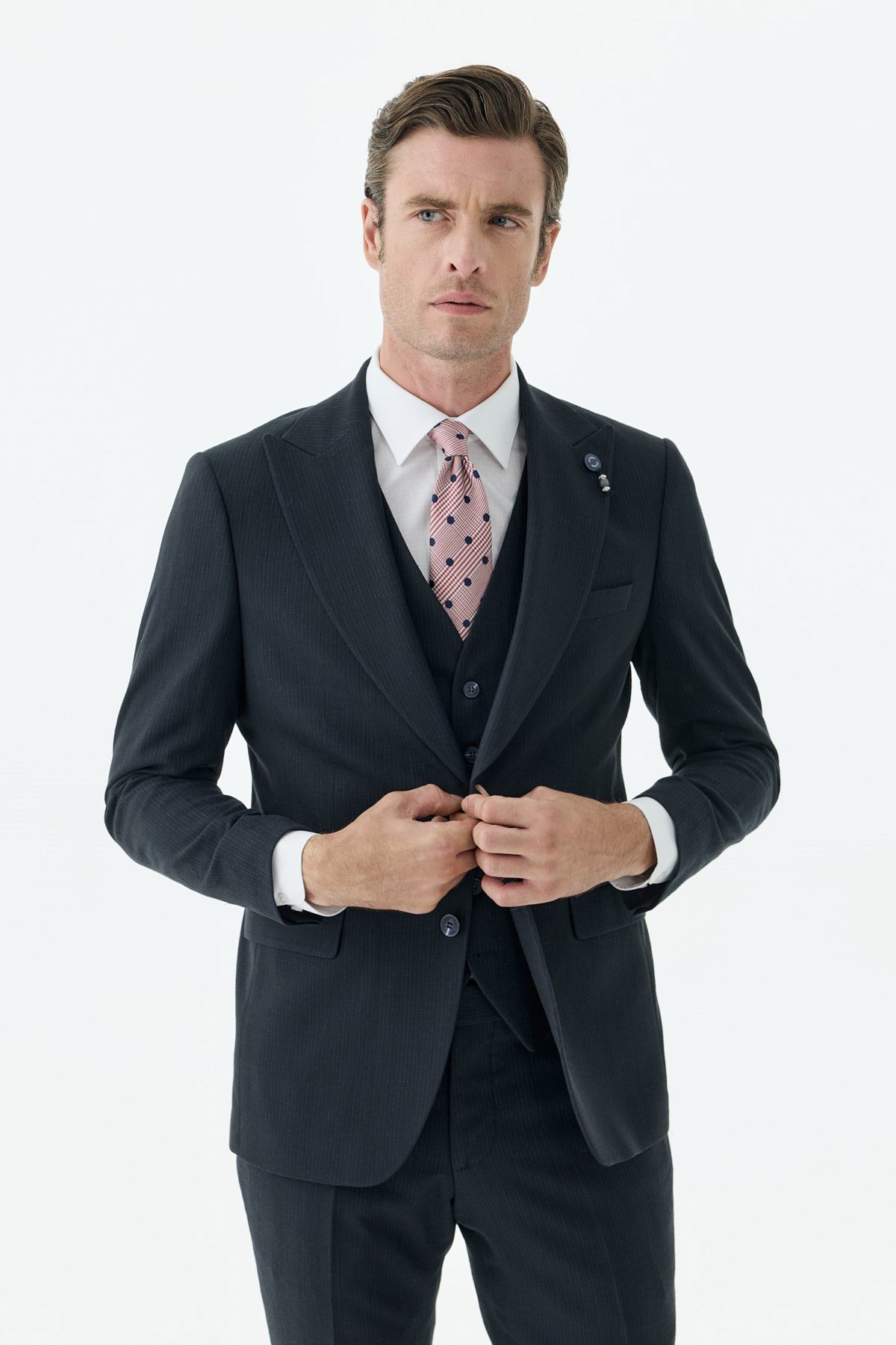 Lacivert Slim Fit Krlangıç Yaka Yelekli Çizgili Takım Elbise