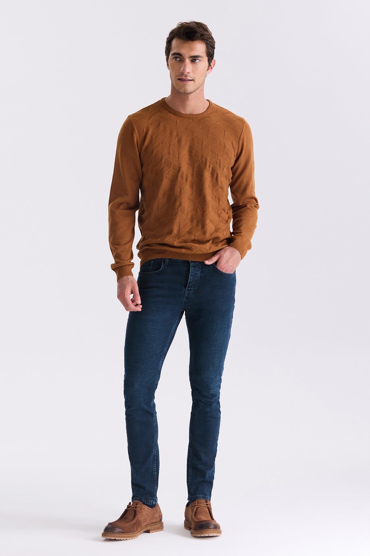 Tarçın Slim Fit Bisiklet Yaka Desenli Triko Kazak