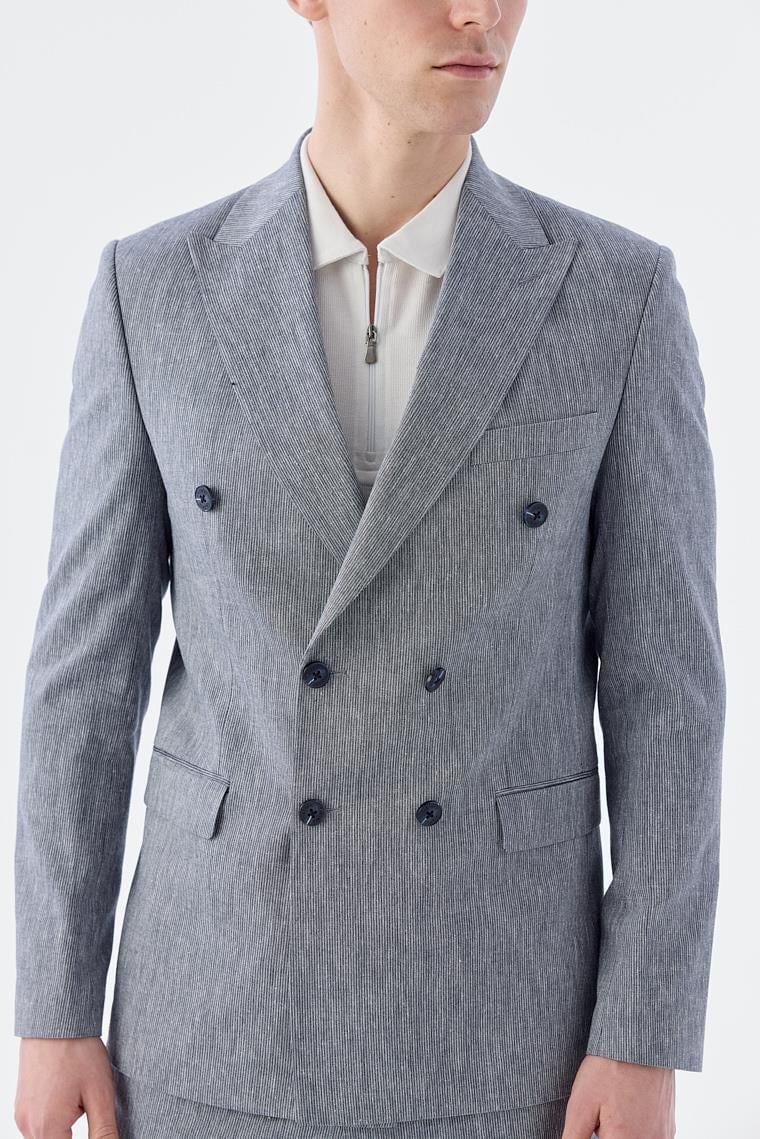 Lacivert Slim Fit Keten Karışımlı Kruvaze Takım Elbise