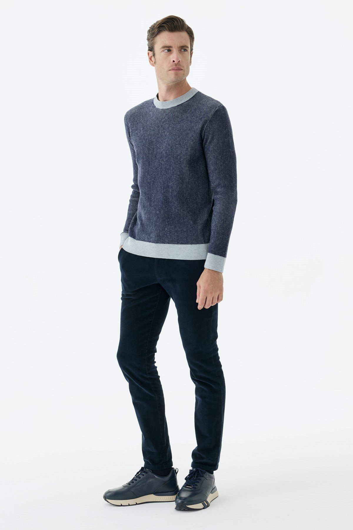 Lacivert Comfort Fit Desenli Bisiklet Yaka Triko