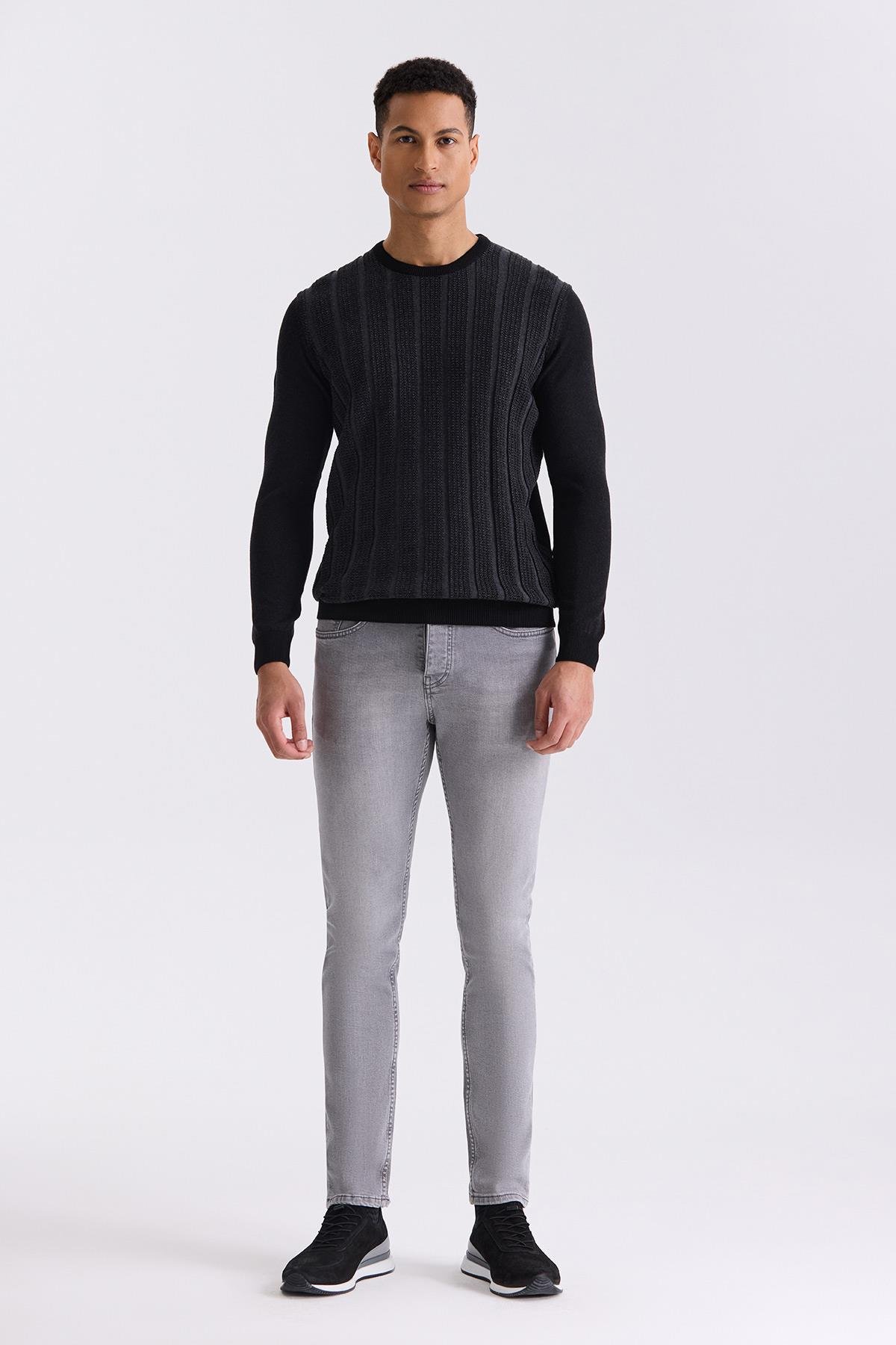 Siyah / Antrasit Slim Fit Bisiklet Yaka Çizgi Desenli Triko Kazak