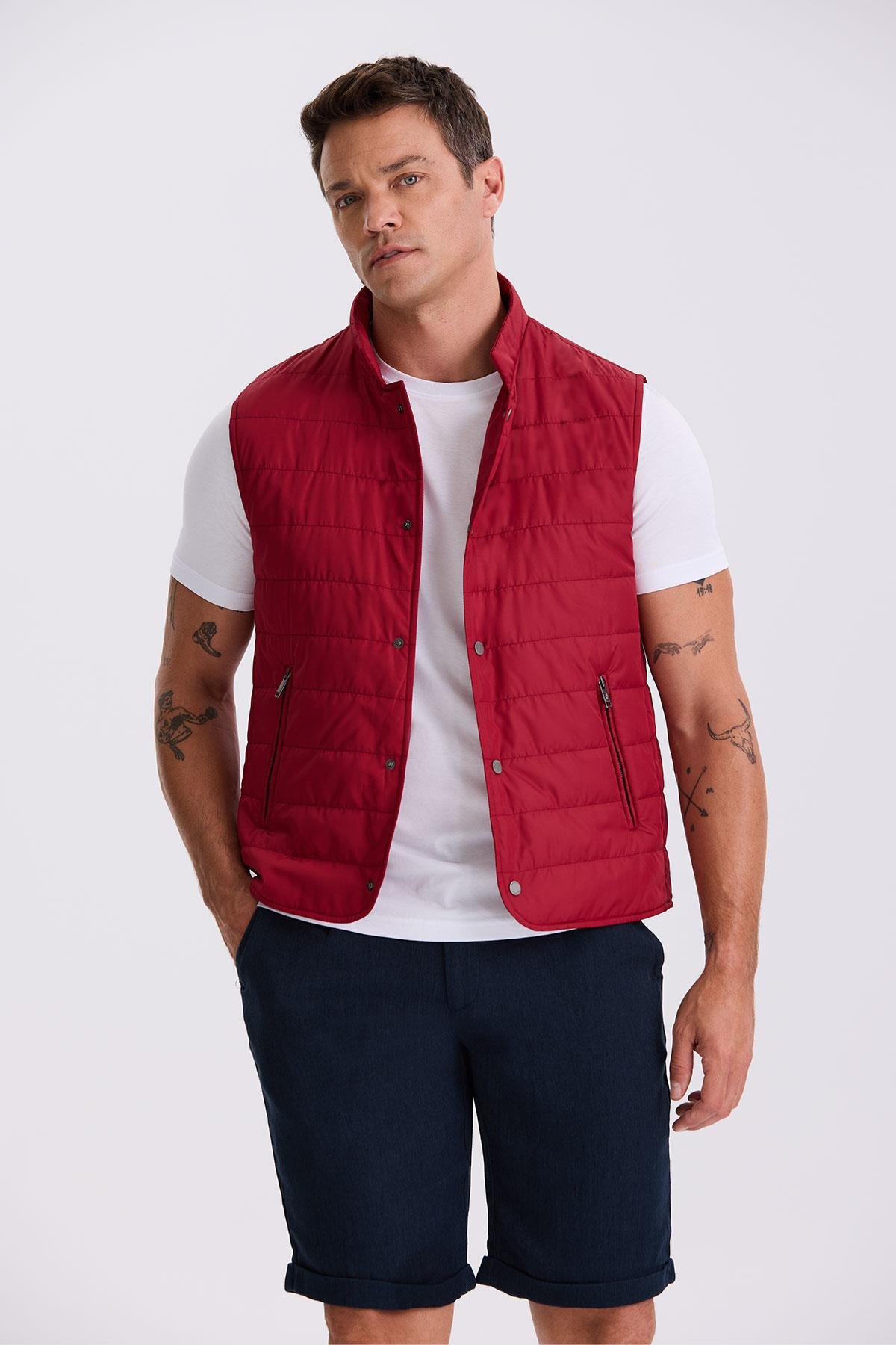 Kırmızı Hakim Yaka Elyaflı Slim Fit Yelek
