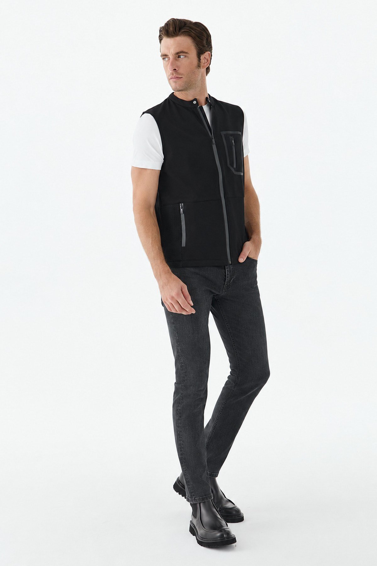 Siyah Slim Fit Cepli Pamuklu Yelek