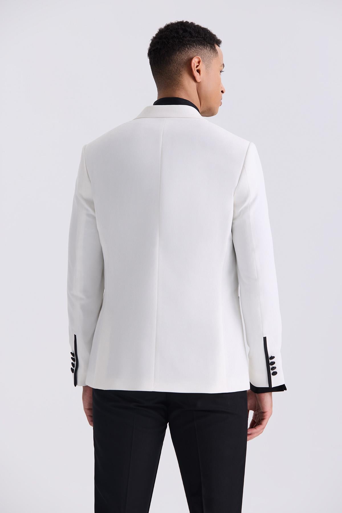 Beyaz Slim Fit Sivri Yaka Kruvaze Smokin Takım Elbise
