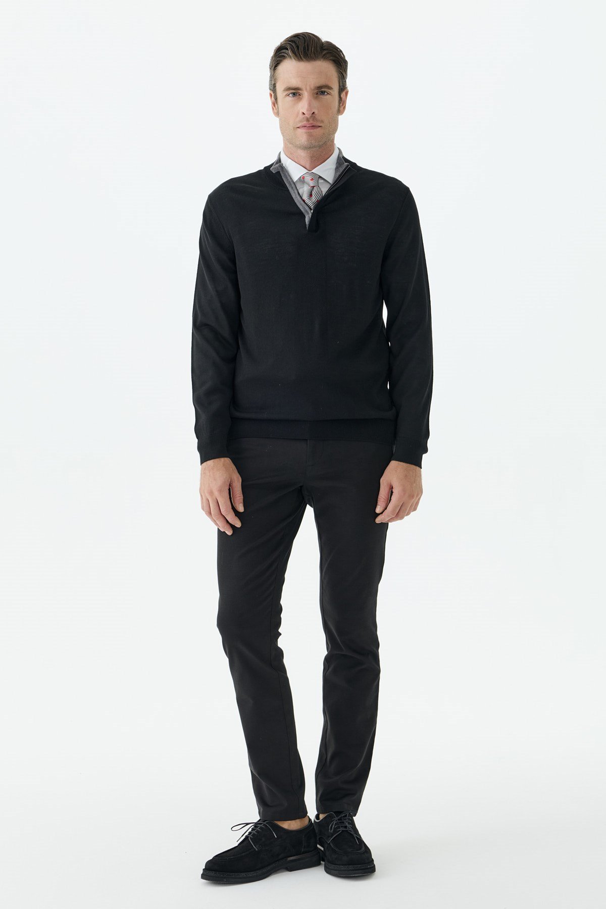 Siyah Slim Fit Yünlü Fermuarlı Triko
