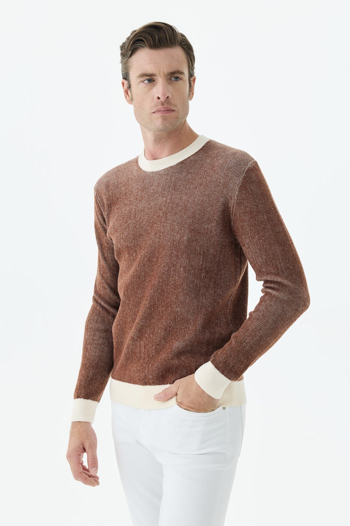 Kahve Comfort Fit Desenli Bisiklet Yaka Triko