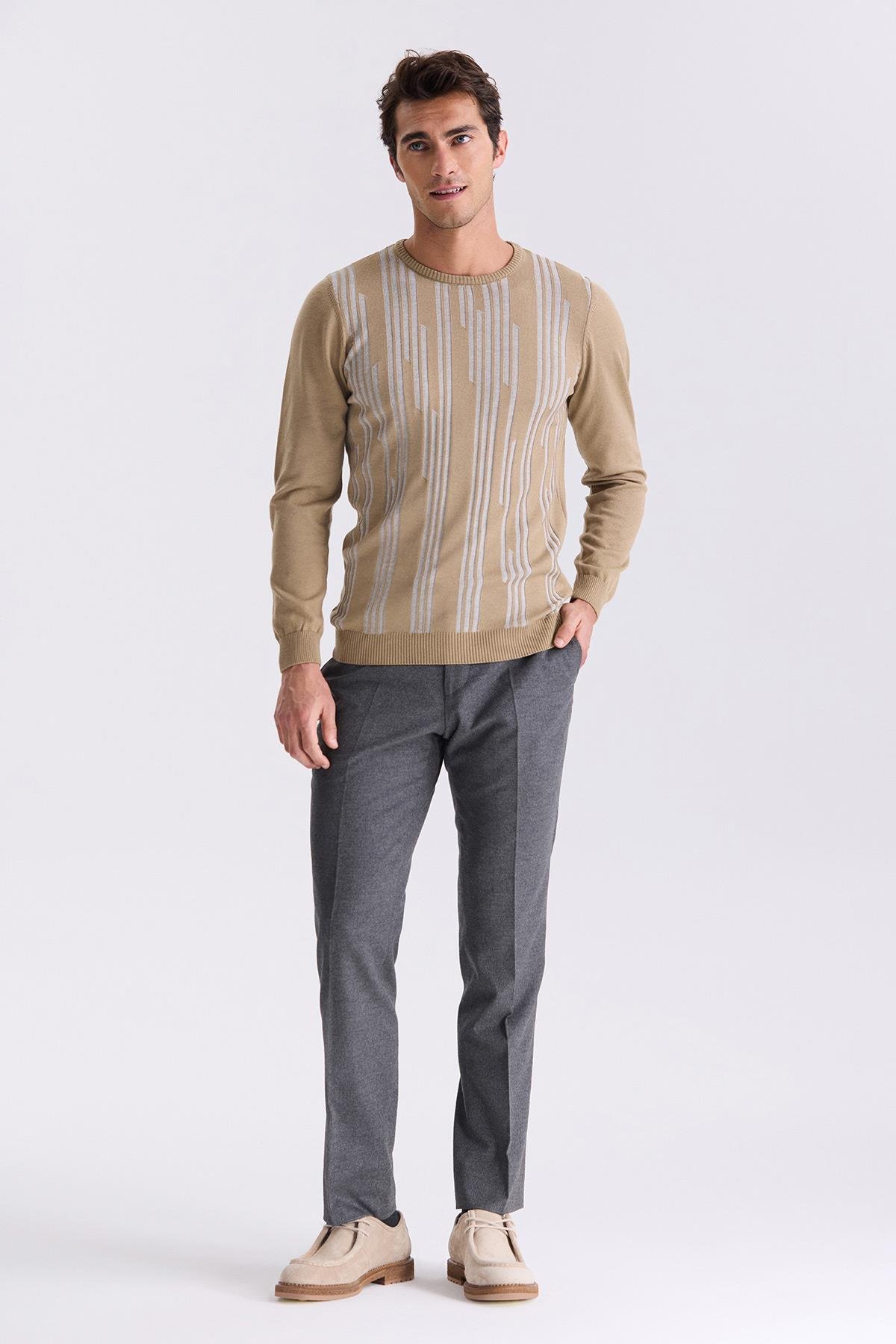 Bej Slim Fit Bisiklet Yaka Desenli Triko Kazak