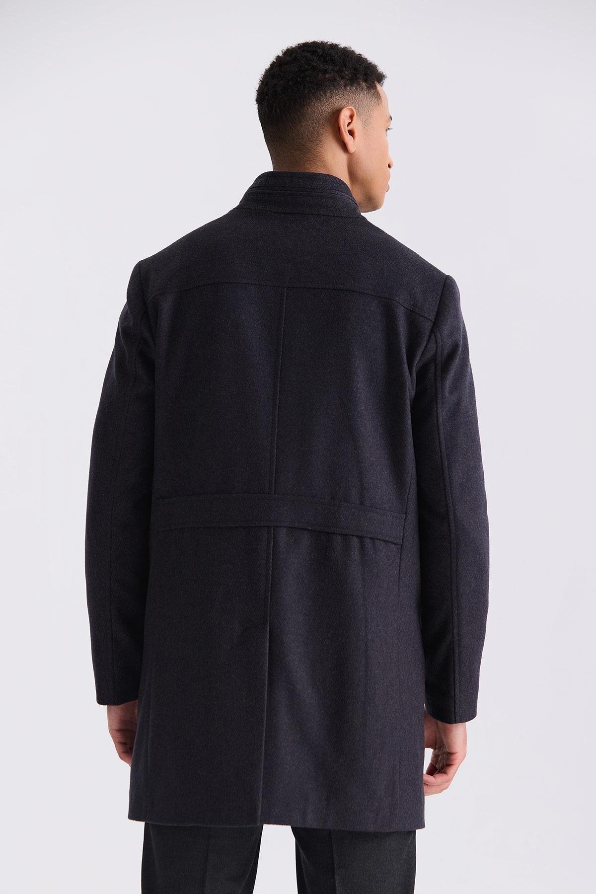 Koyu Lacivert1 Slim Fit Dik Yaka Balık Sırtı Desenli Yünlü Spor Kaban