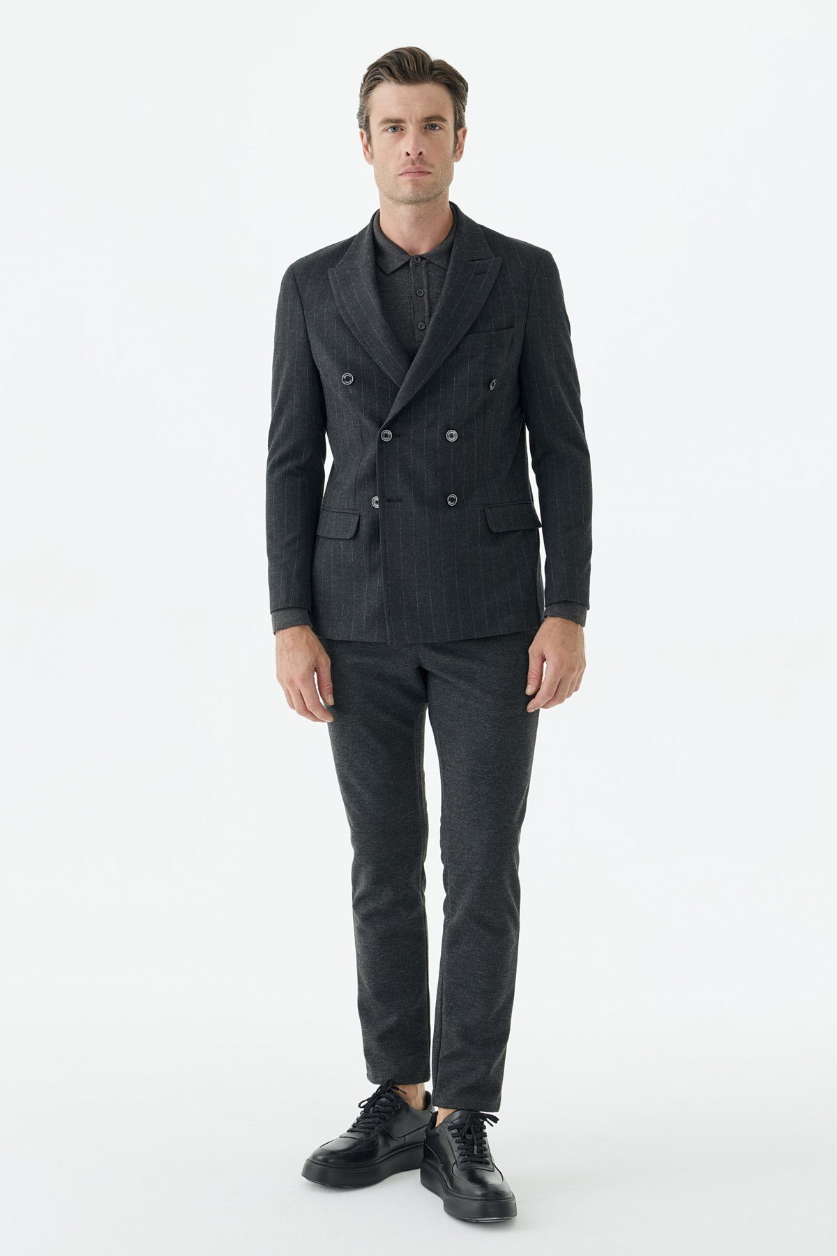 Antrasit Slim Fit Dik Yaka Kruvaze Ceket