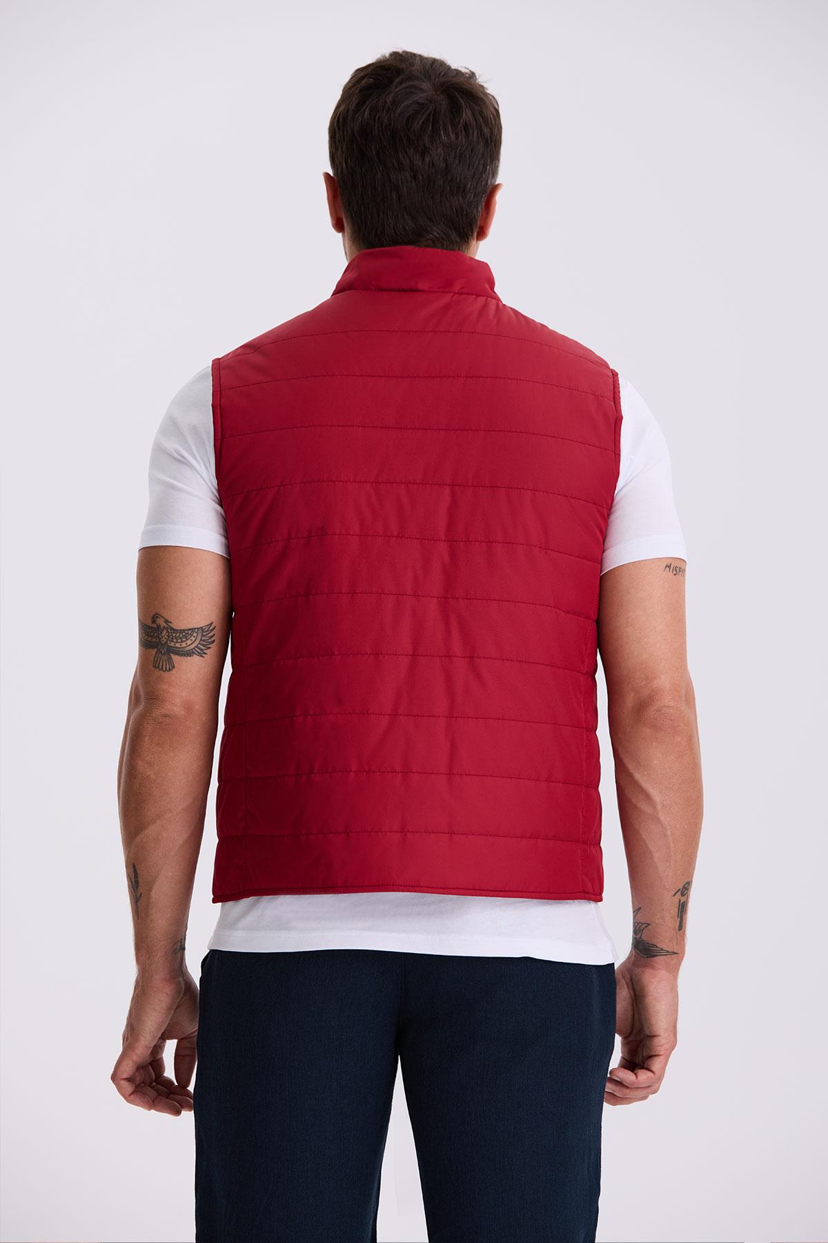 Kırmızı Hakim Yaka Elyaflı Slim Fit Yelek