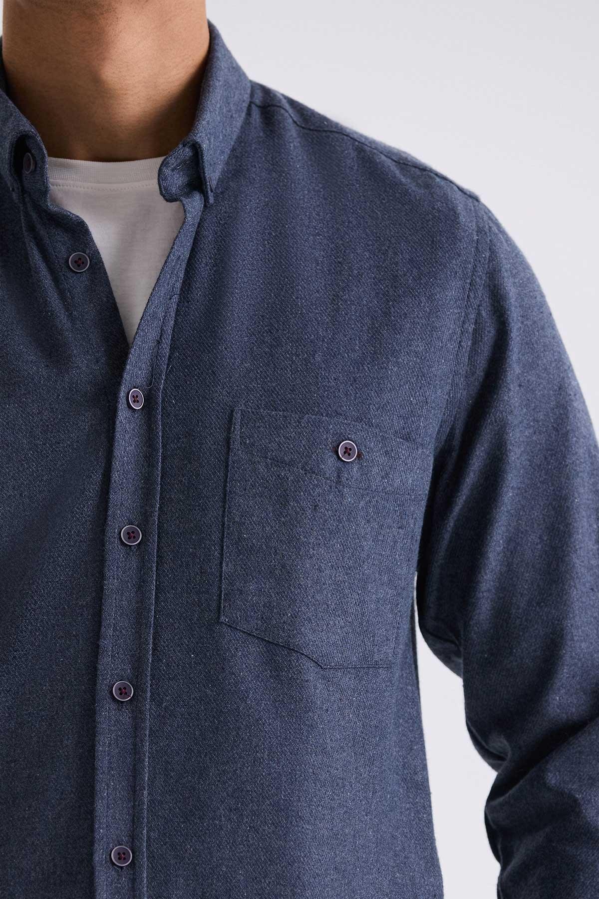 Lacivert Slim Fit Düğmeli Yaka Gömlek
