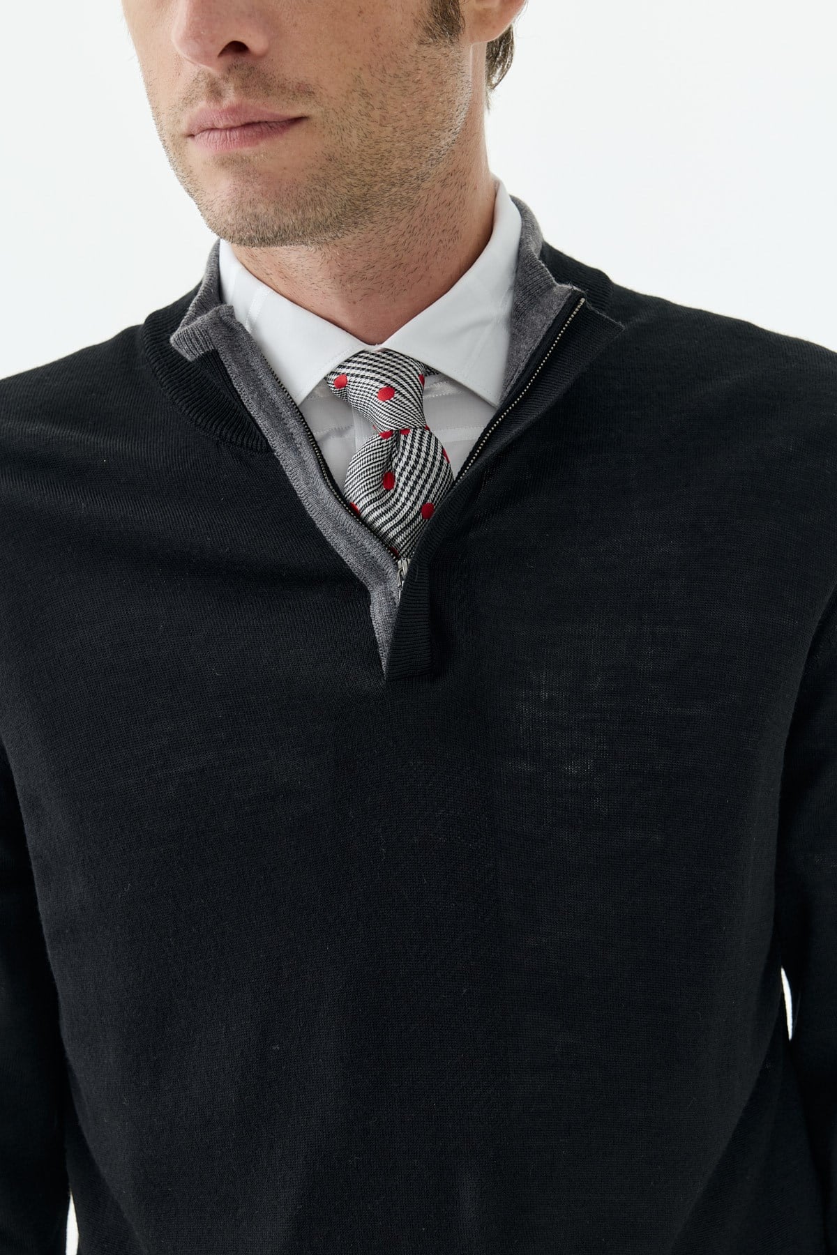 Siyah Slim Fit Yünlü Fermuarlı Triko