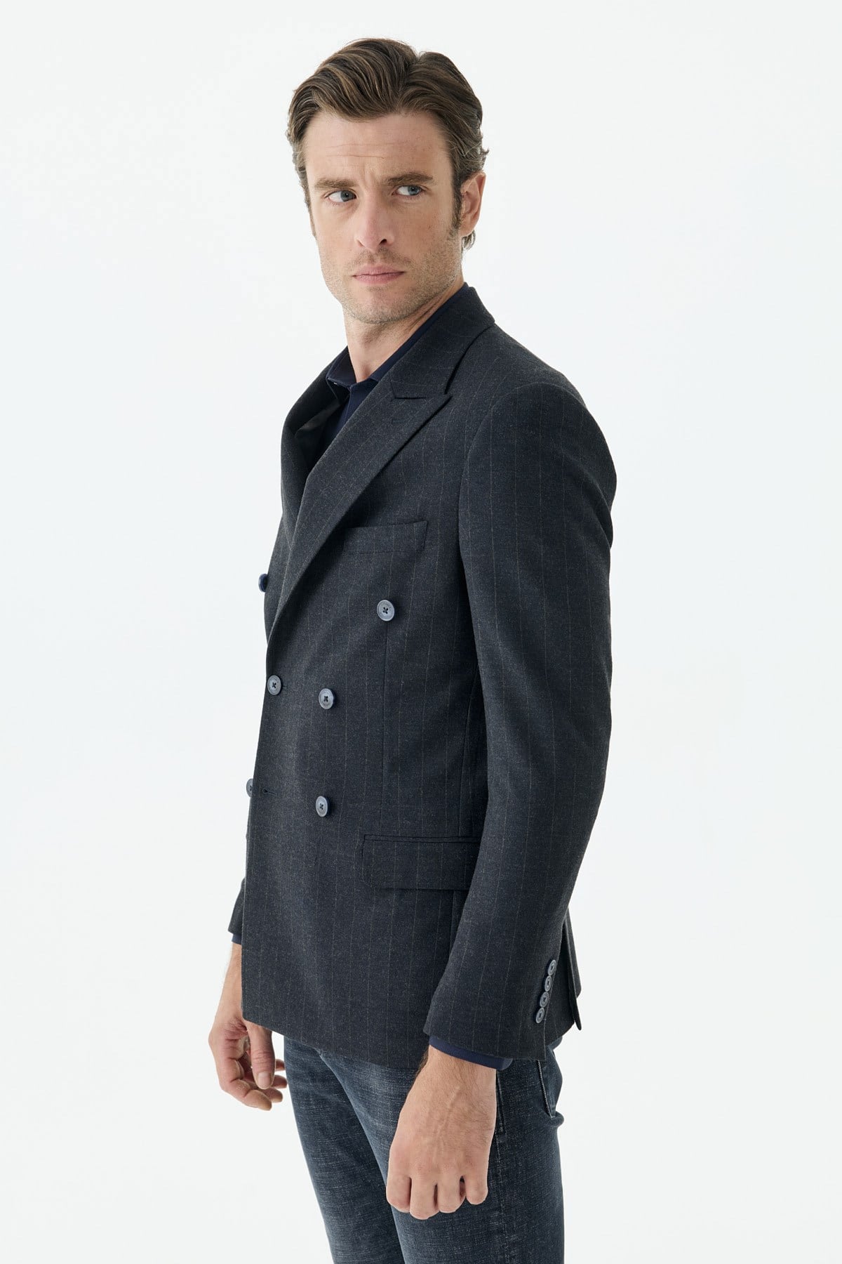 Lacivert Slim Fit Dik Yaka Kruvaze Ceket