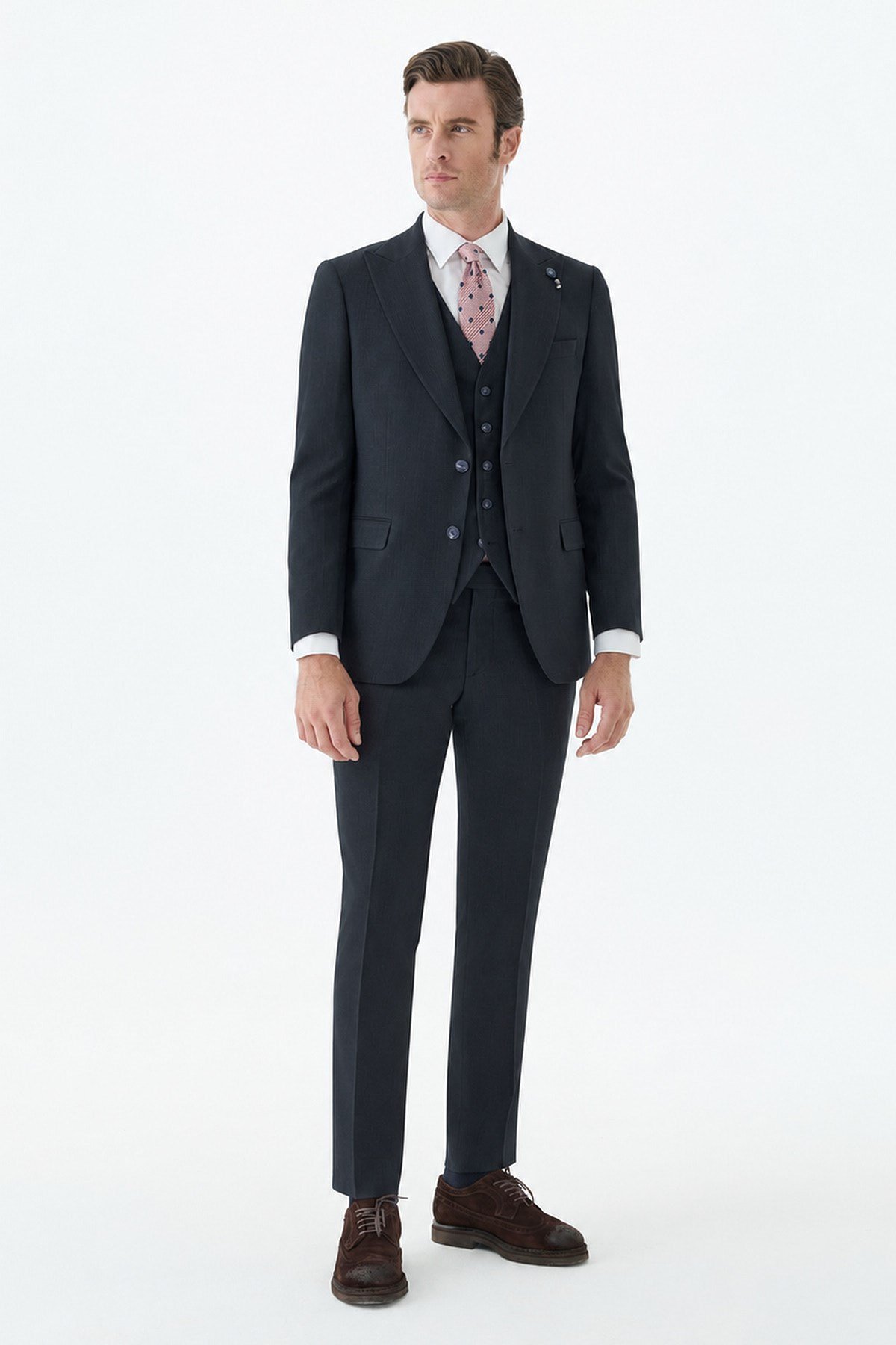 Lacivert Slim Fit Krlangıç Yaka Yelekli Çizgili Takım Elbise