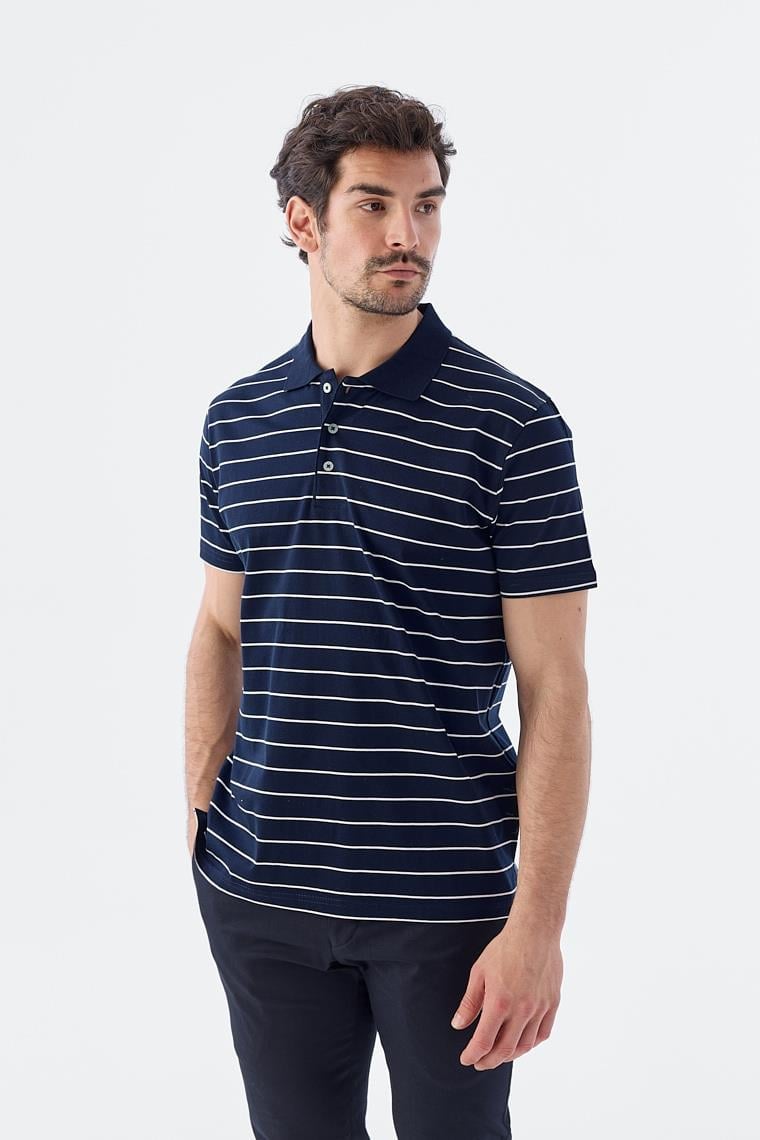 Lacivert Slim Fit Çizgili %100 Pamuk Polo Yaka T-Shirt