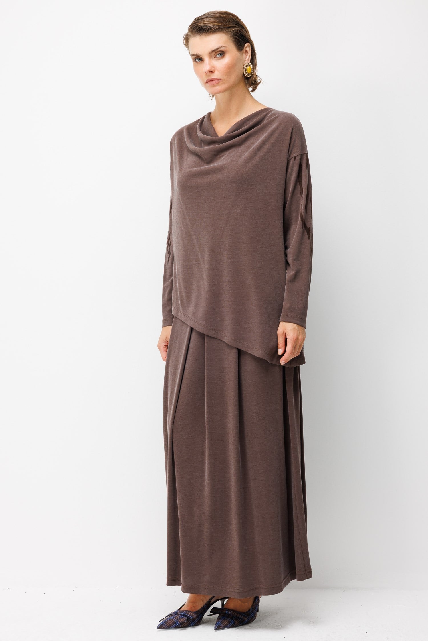 Degaje Yaka Etekli Takım-KAHVE