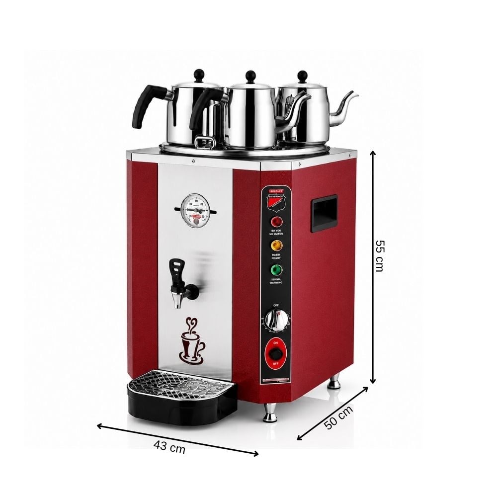 Silverinox Jumbo 36 Litre 3 Demlikli Çay Makinesi - Kırmızı
