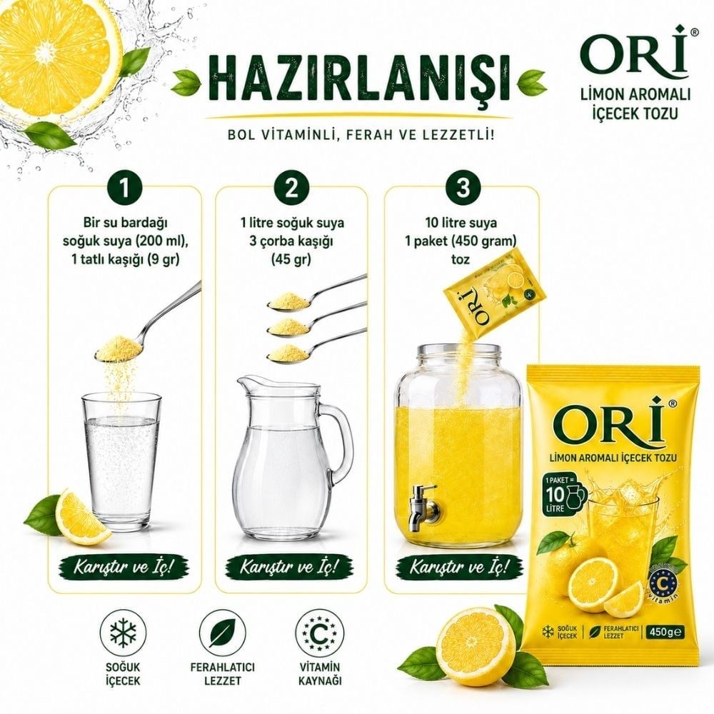 ORİ Limon Aromalı Soğuk Şerbetlik İçecek Tozu 450 Gr